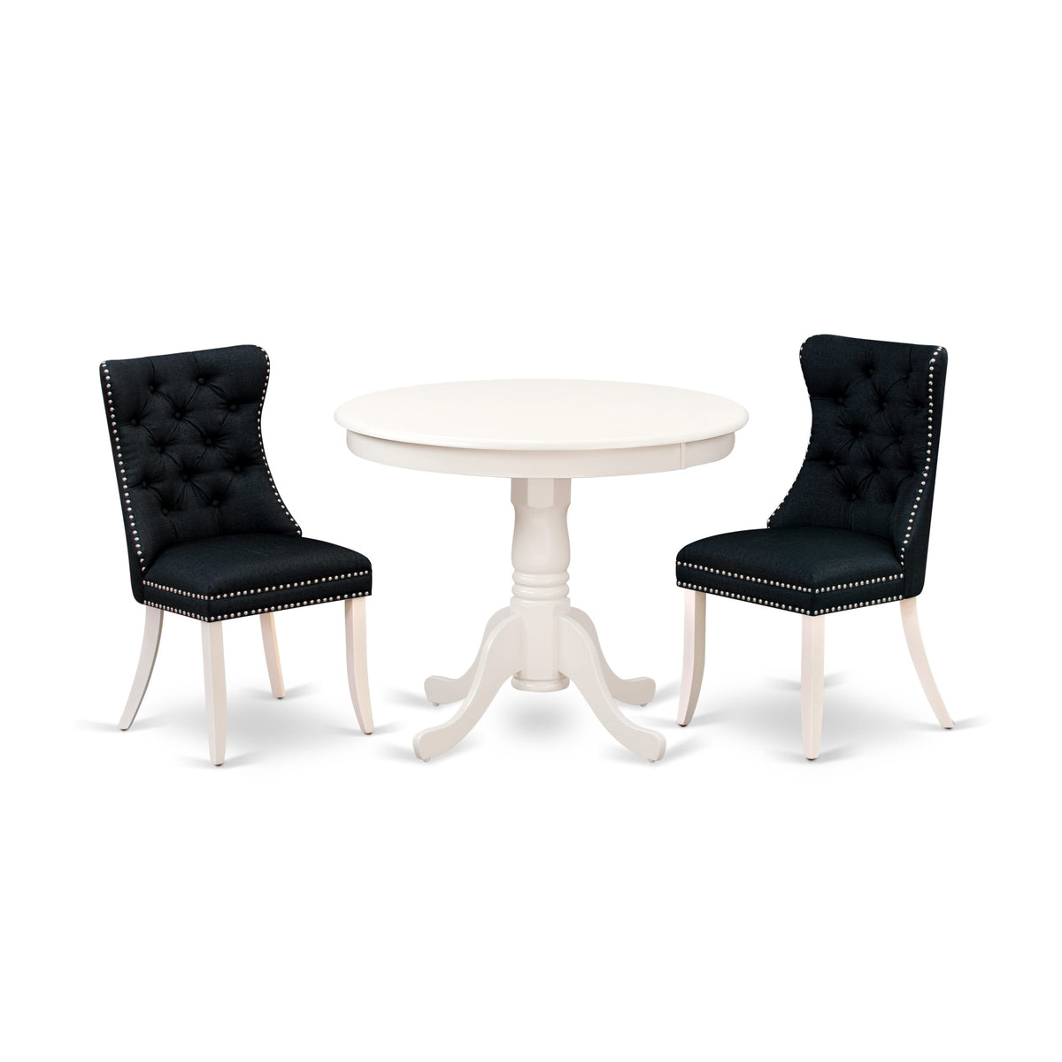 Set Da Pranzo 3 Pezzi East West Furniture ANDA3-LWH-C, Tavolo Rotondo Con Piedistallo E 2 Sedie Imbottite In Lino, Colore Bianco, 91x91 Cm, Stile Moderno Per Cucina E Sala Da Pranzo