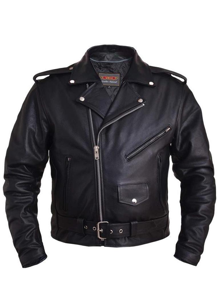 Men's Tradtional Premium Motorcycle Jacket with Plain Sides,Black,Size - 52