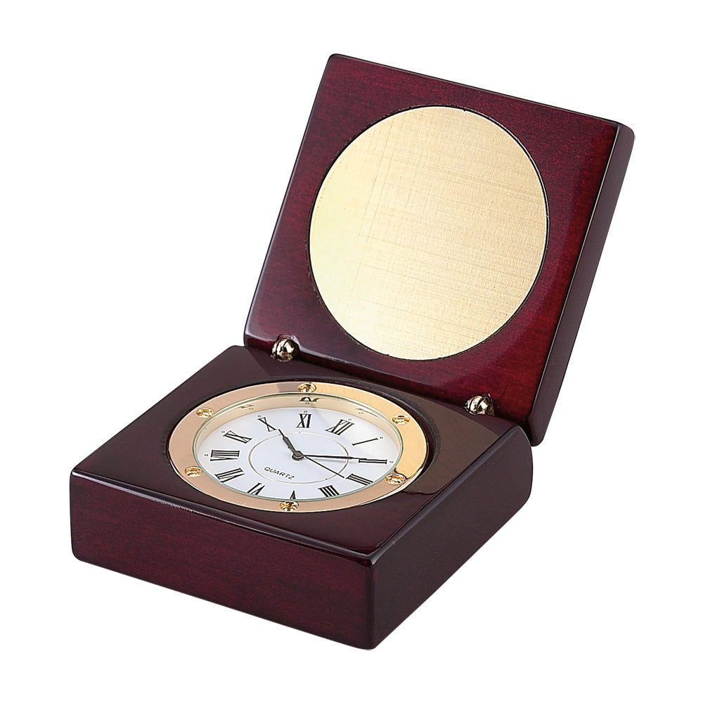 SQUARE WOOD BOX W/ CLOCK & ENG. PLATE, 1