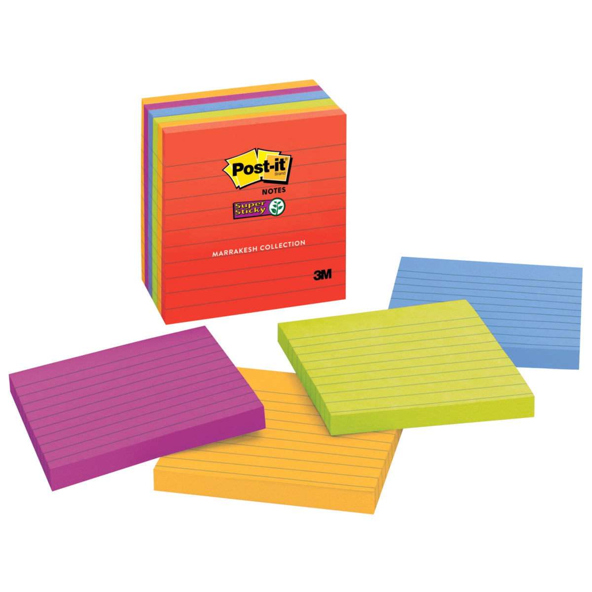 Post-It Super Sticky Notes, Lined, Marrakesh Colors, Pad Of 90 Sheets, Pack Of 6