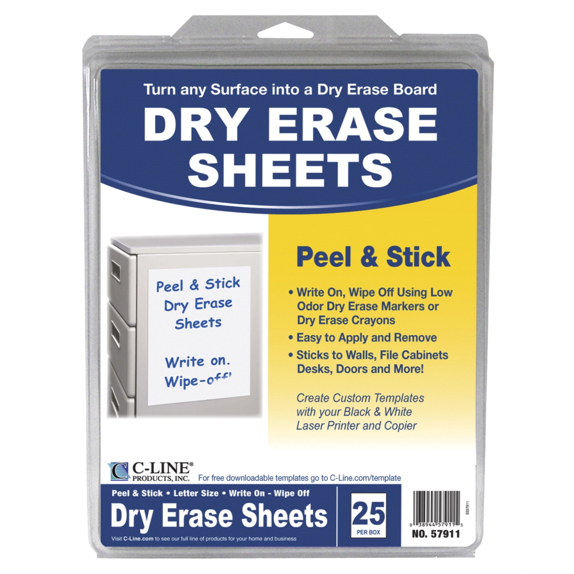 C-Line Peel &Amp; Stick Dry Erase Sheets, 8-1/2 X 11 Inches, Pack Of 25
