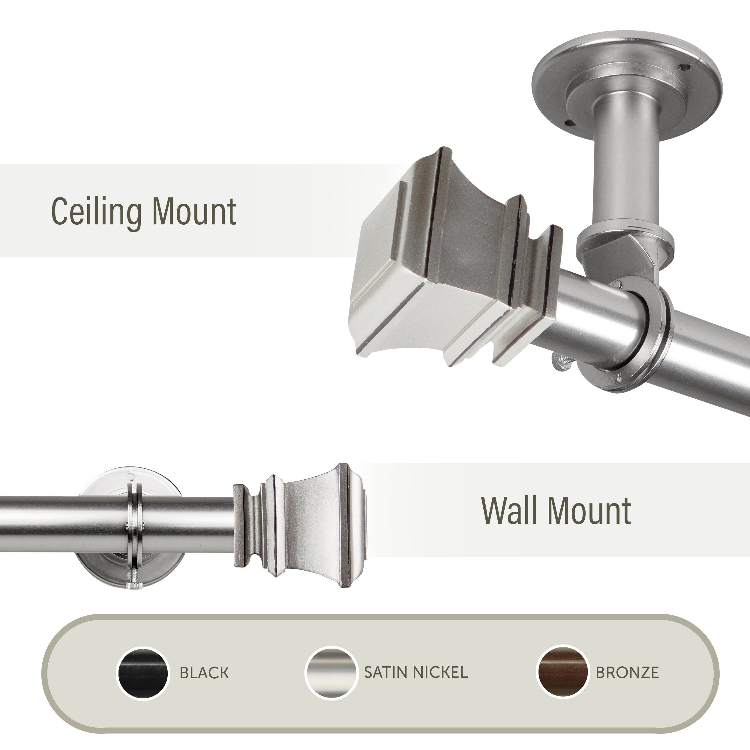Elena 1″  Ceiling Curtain Rod/ Room Divider  48-84 inch - Satin Nickel