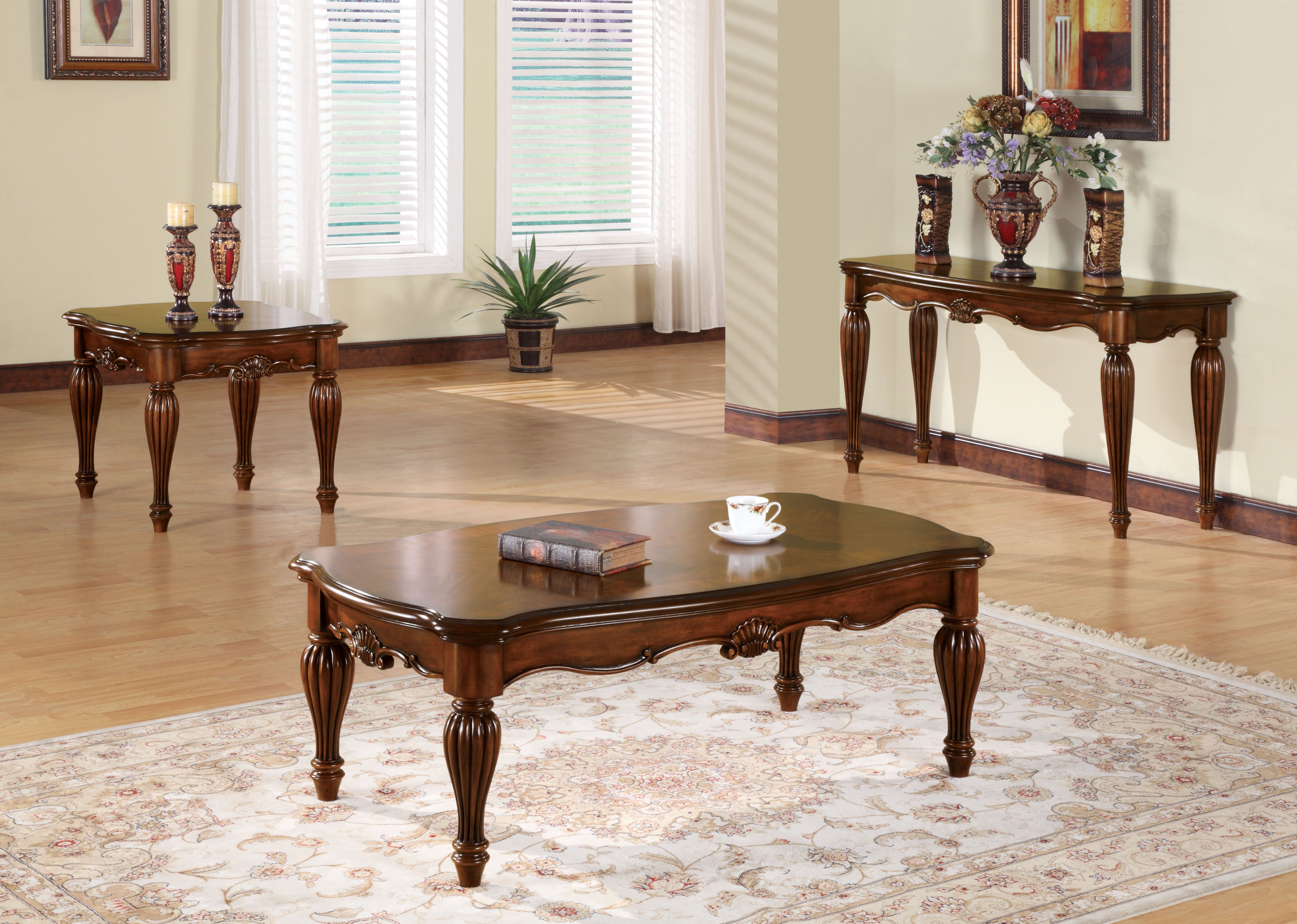 Yardlio Dreena Coffee Table Cherry - Traditional Design with Carved Apron and Fluted Legs - 52 L x 30″ W x 20″ H - Wood Veneer