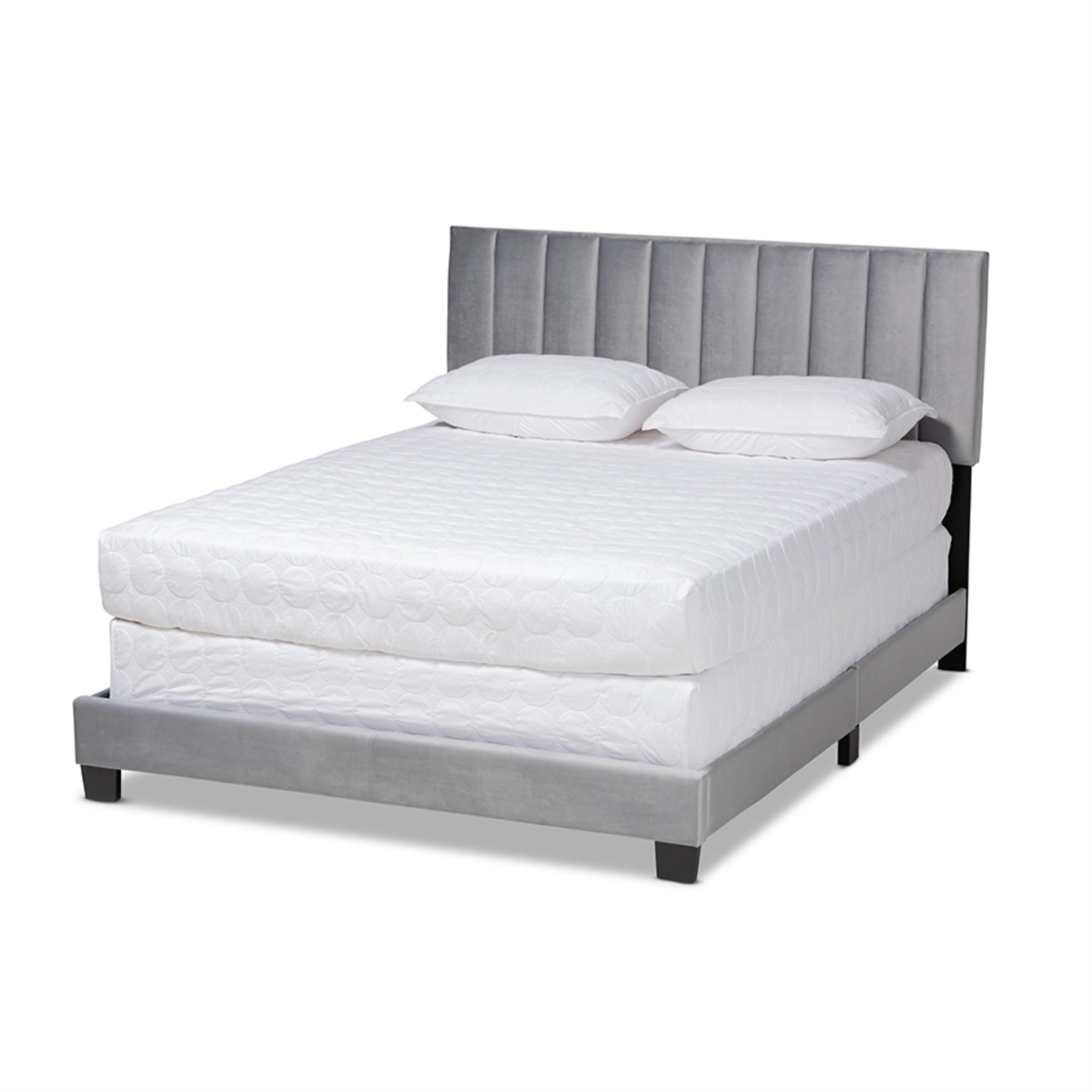 Baxton Studio Clare Glam and Luxe Grey Velvet Fabric Upholstered Queen Size Panel Bed with Channel Tufted Headboard