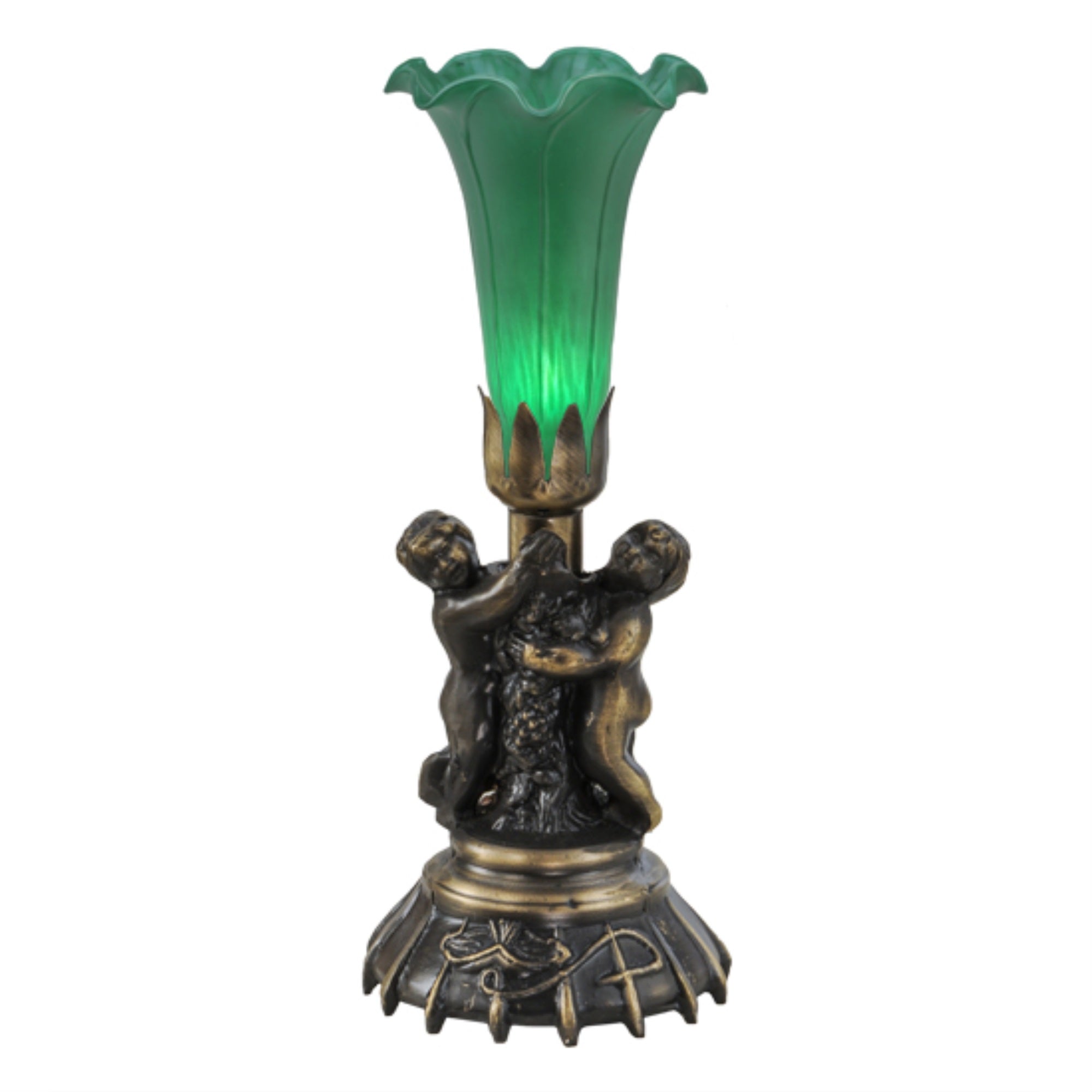 13'High Green Twin Cherub Pond Lily Mini Lamp