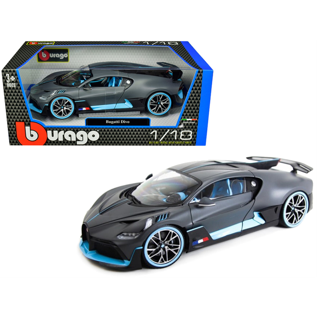 Bugatti Divo Matt Gray With Blue Accents 1/18 Diecast Model Car By Bburago