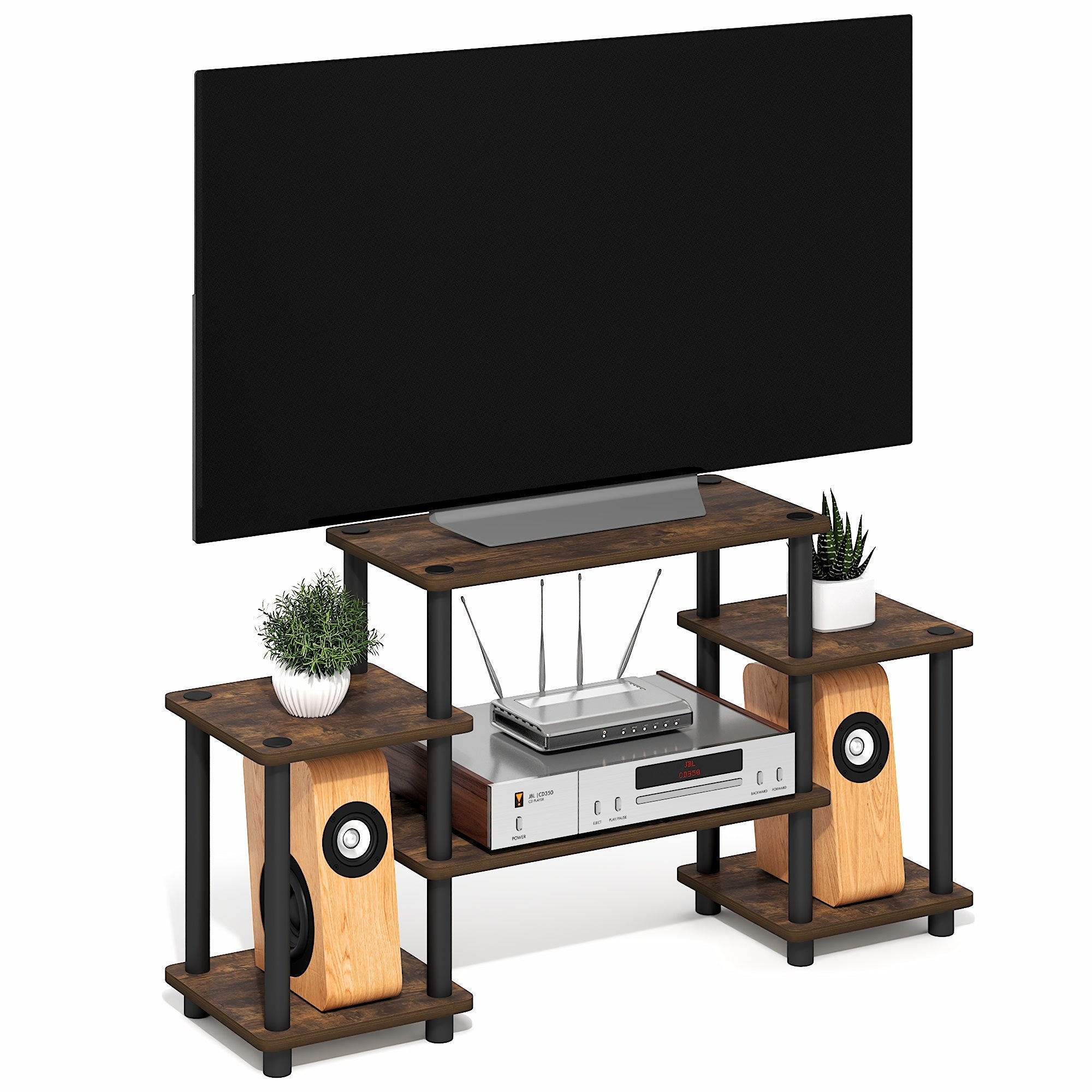 Furinno TURN-N-TUBE TV Stand, 6-Shelf Entertainment Center with Open Shelves, Toolless TV Console with Raised Top for TV up to 32 Inch, Open Back, for Living Room, Bedroom, Amber Pine