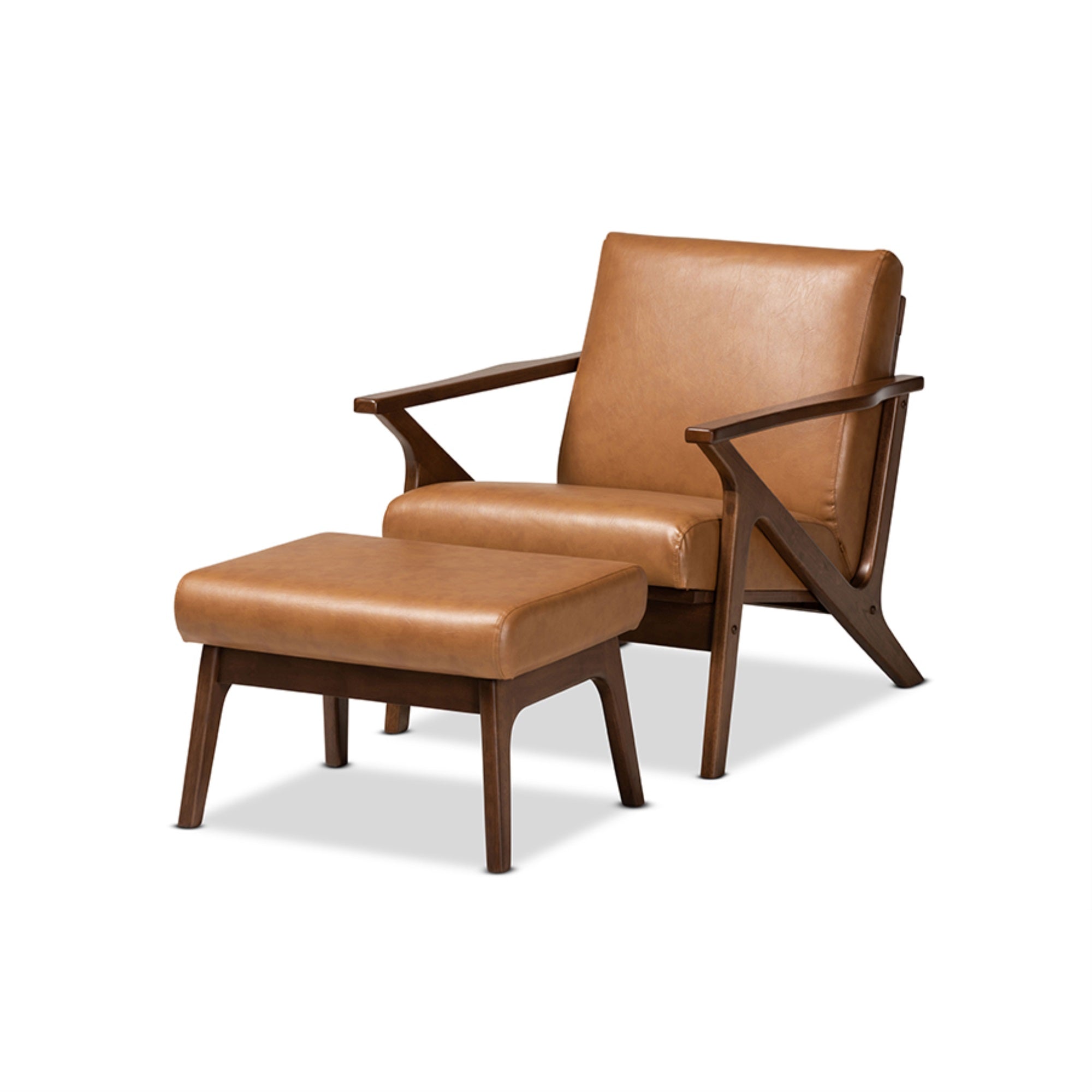 Baxton Studio Bianca Mid-Century Modern Walnut Brown Finished Wood and Tan Faux Leather Effect 2-Piece Lounge chair and Ottoman Set