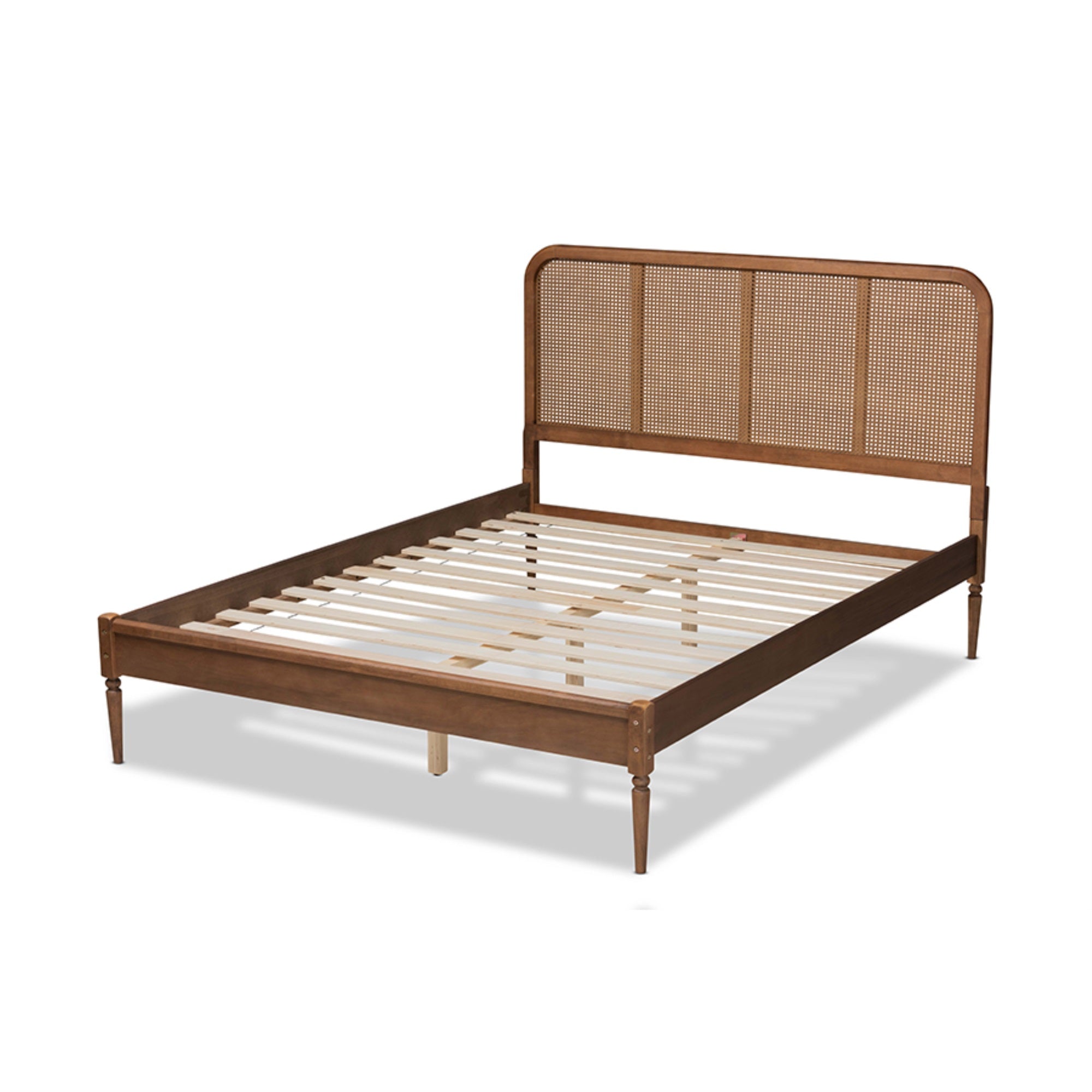 Baxton Studio Elston Mid-Century Modern Walnut Brown Finished Wood And Synthetic Rattan Full Size Platform Bed