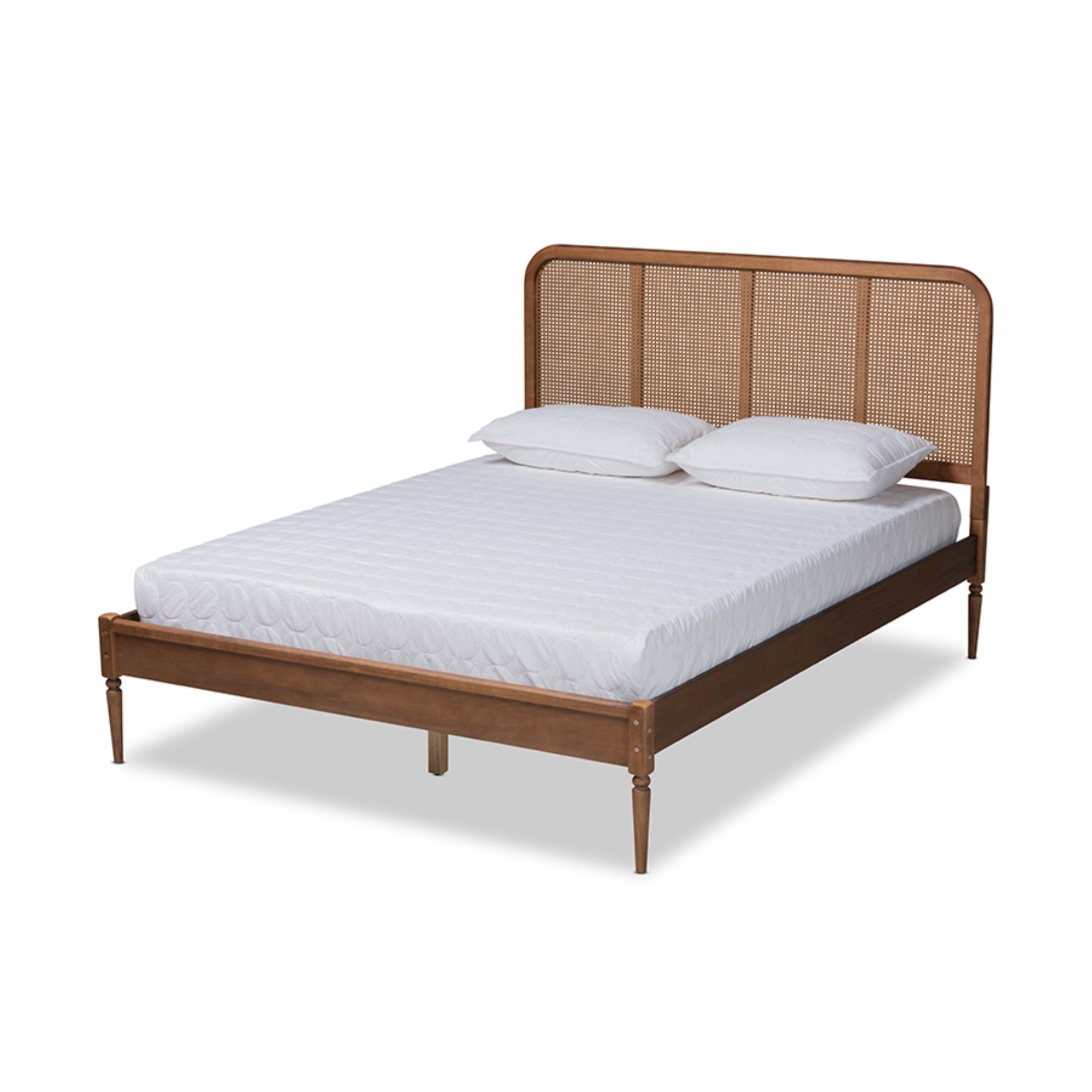 Baxton Studio Elston Mid-Century Modern Walnut Brown Finished Wood and Synthetic Rattan King Size Platform Bed