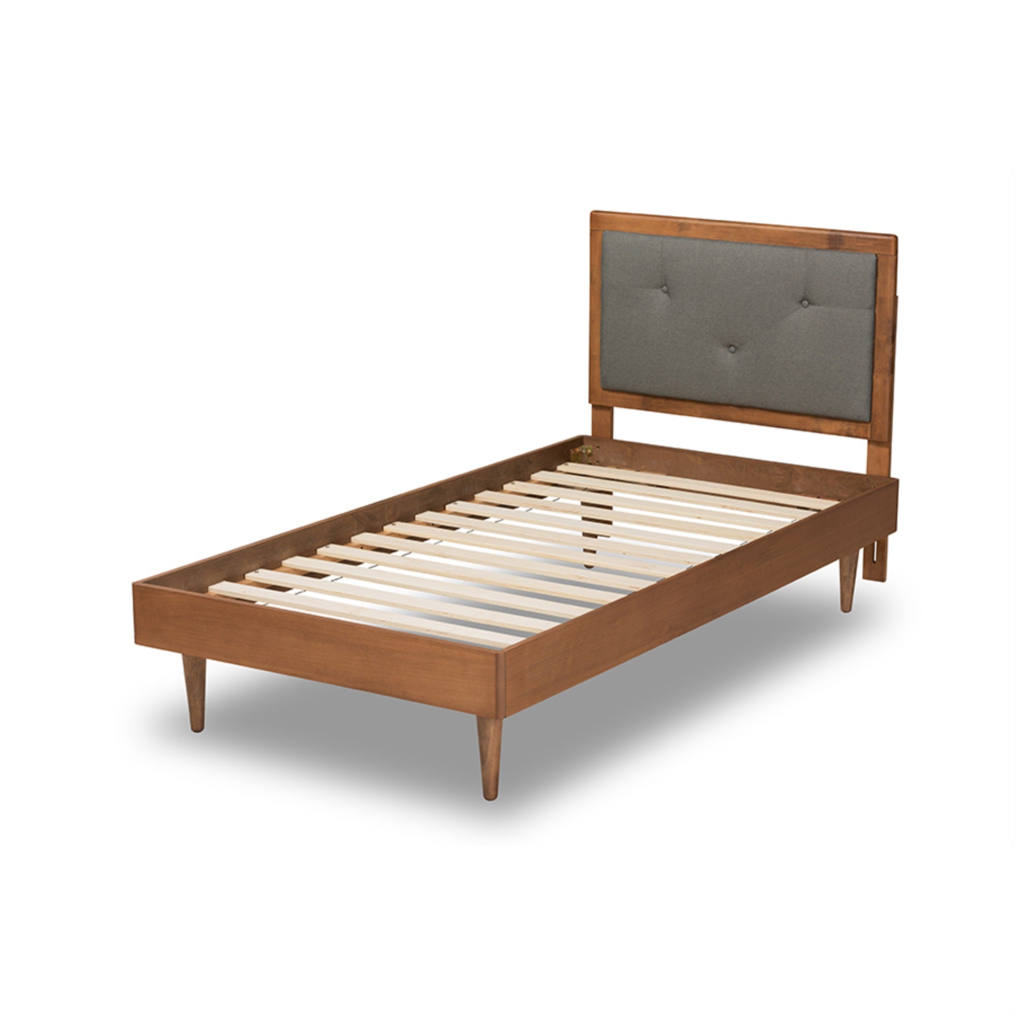 Baxton Studio Saul Mid-Century Modern Dark Grey Fabric Upholstered And Walnut Brown Finished Wood Twin Size Platform Bed