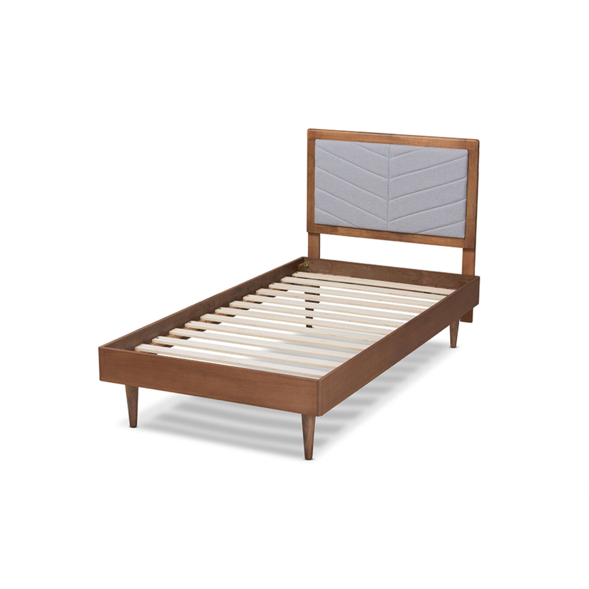 Baxton Studio Tasha Mid-Century Modern Light Grey Fabric Upholstered And Walnut Brown Finished Wood Twin Size Platform Bed