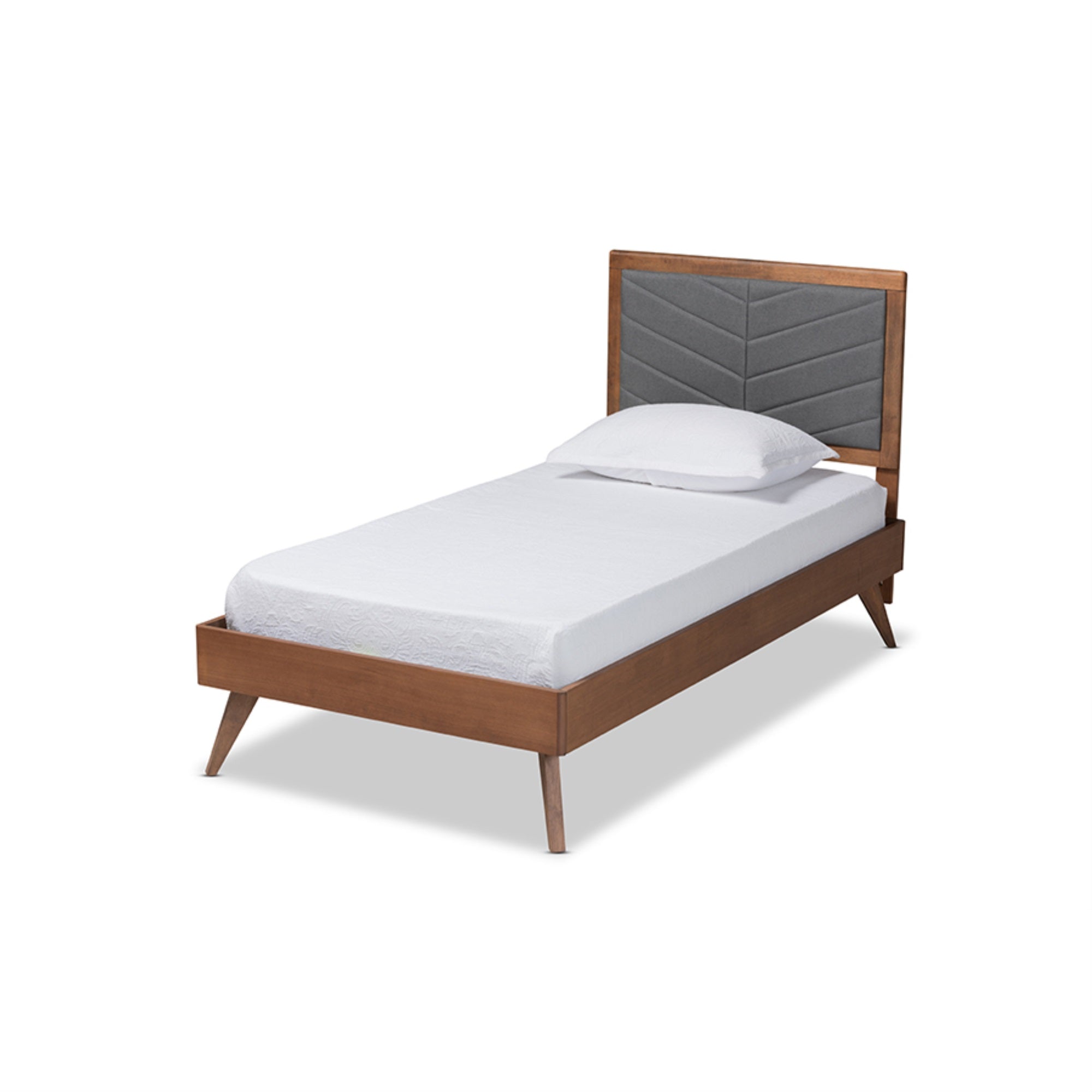 Baxton Studio Roze Mid-Century Modern Dark Grey Fabric Upholstered and Walnut brown Finished Wood Twin Size Platform Bed