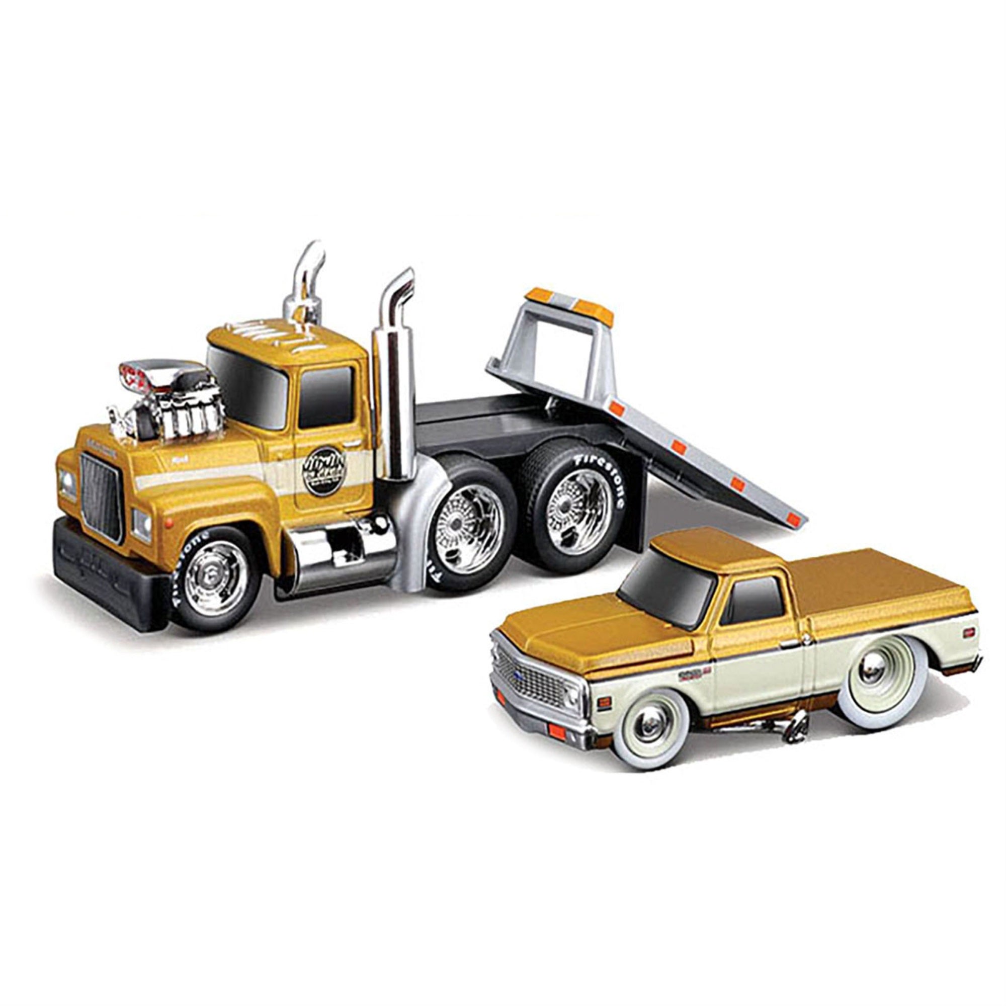 1980 Mack A685ST Flatbed Truck Gold Metallic with Beige Stripes “Madman Garage” and 1972 Chevrolet C10 Pickup Truck Gold Metallic and Beige “Muscle Transports” Series 1/64 Diecast Models by Muscle Machines