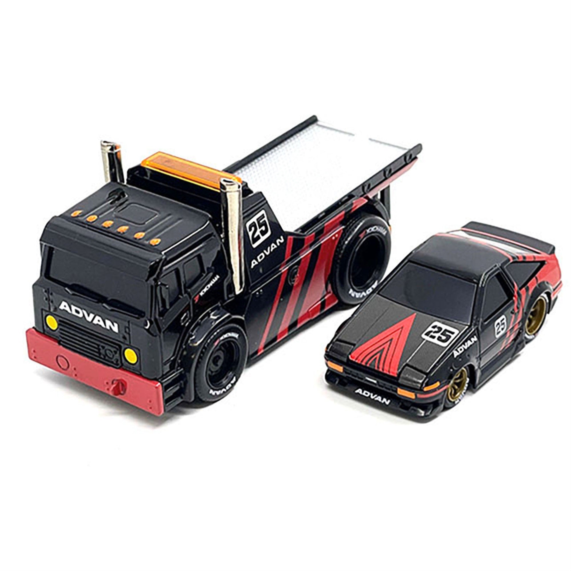 JDM Flatbed Truck #25 Black and Red and 1983-85 Toyota Trueno Sprinter (AE86) #25 Black and Red “Advan” Livery “Muscle Transports” Series 1/64 Diecast Models by Muscle Machines