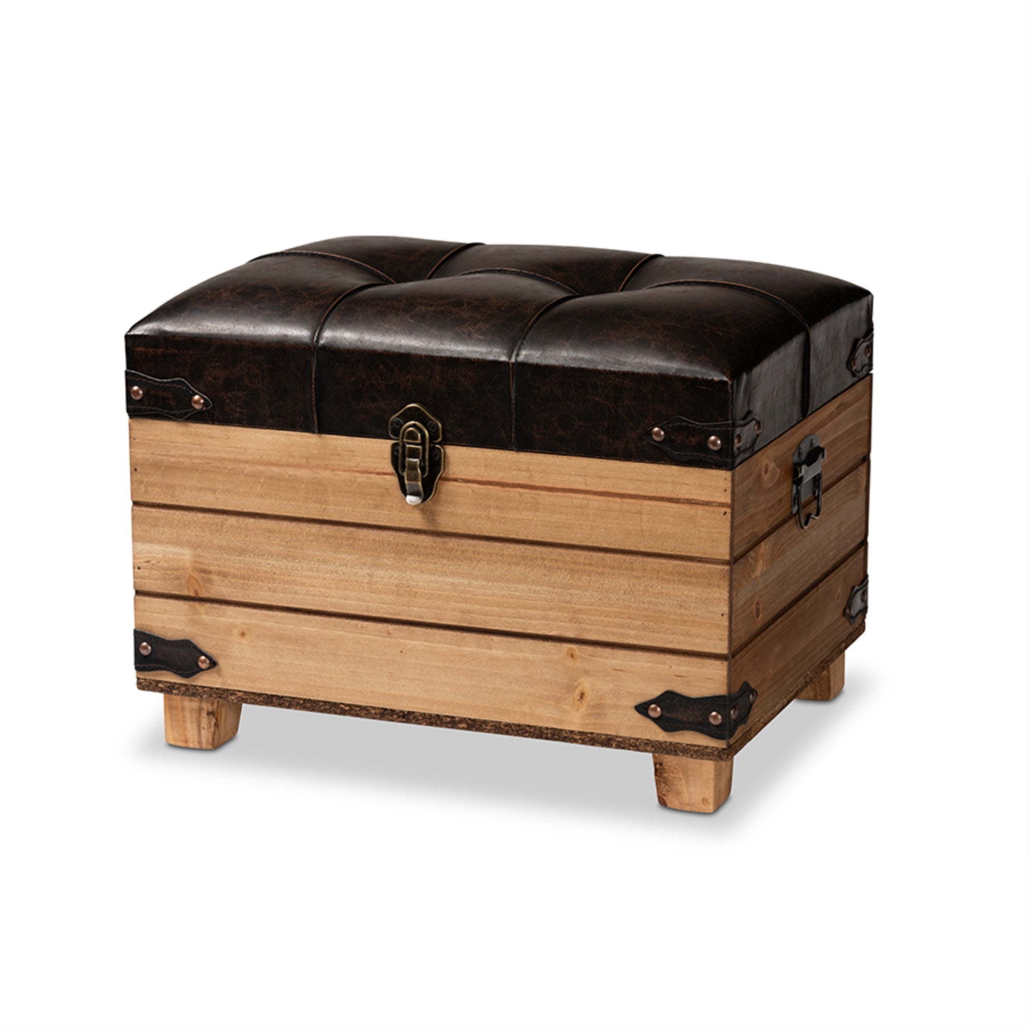 Baxton Studio Edmund Rustic Transitional Dark Brown Faux Leather Upholstered and Oak Brown Finished Wood Storage Ottoman