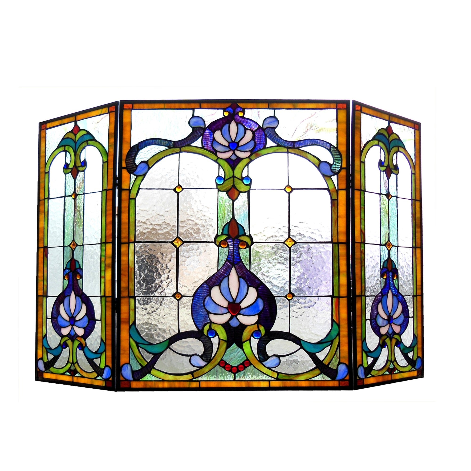 Chloe Lighting 3pcs Folding Victorian 44″ Wide Tiffany-Glass Fireplace Screen