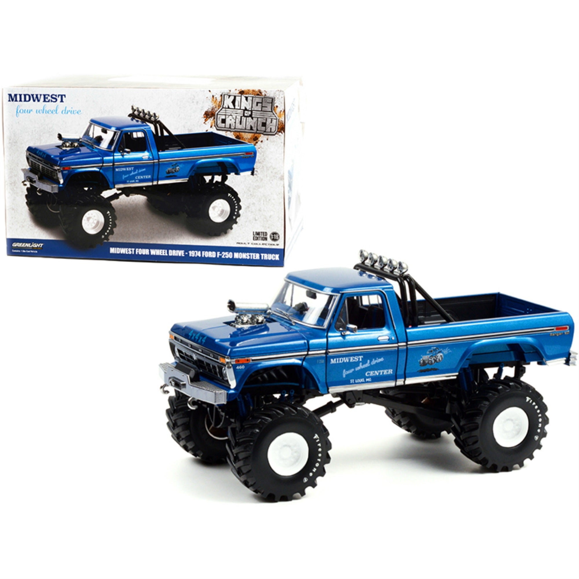 1974 Ford F-250 Ranger XLT Monster Truck with 48-Inch Tires Blue Metallic “Midwest Four Wheel Drive Center” “Kings of Crunch” Series 1/18 Diecast Model Car by Greenlight