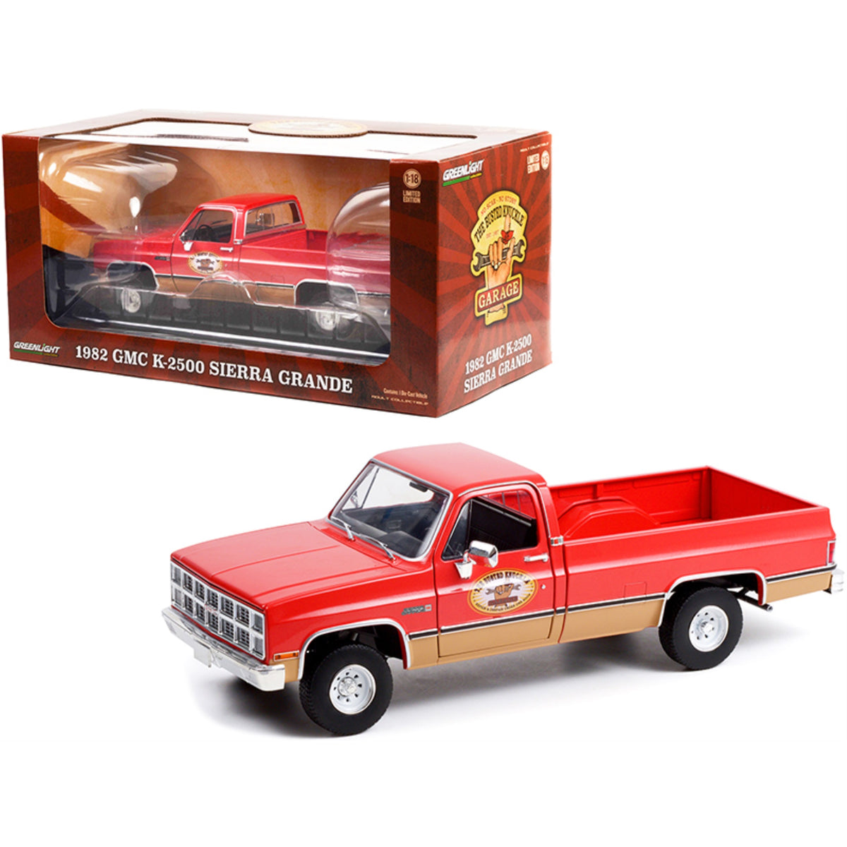 1982 Gmc K-2500 Sierra Grande Wideside Pickup Truck With Trailer Hitch Red 'Busted Knuckle Garage' 1/18 Diecast Model Car By Greenlight