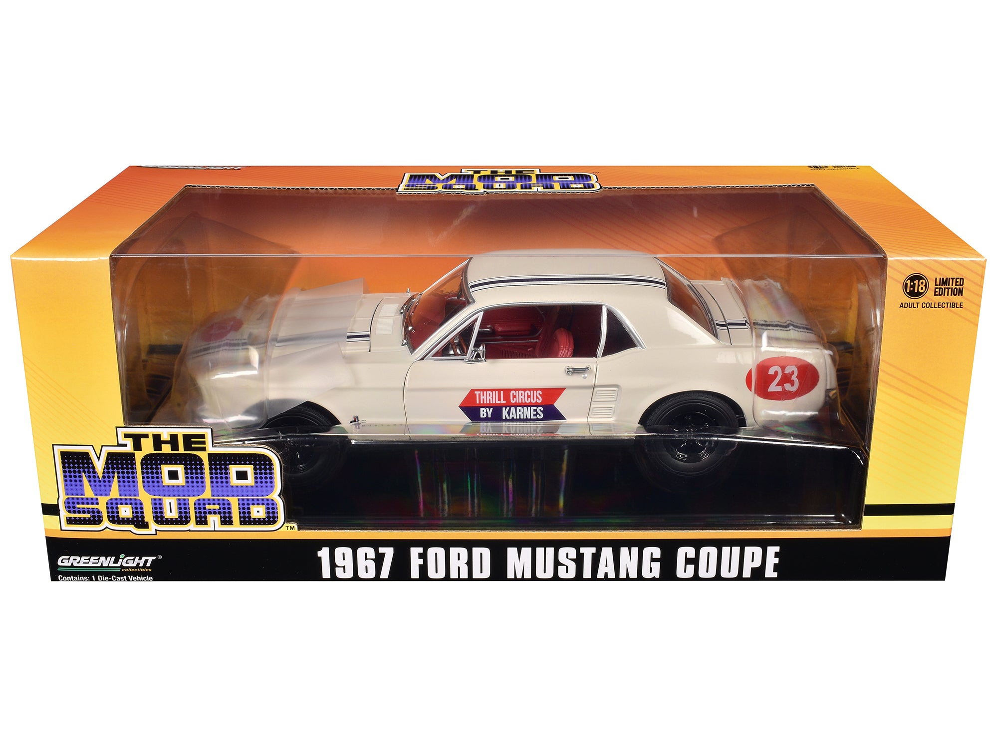 1967 Ford Mustang Coupe #23 'Thrill Circus By Karnes' White 1/18 Diecast Model Car By Greenlight