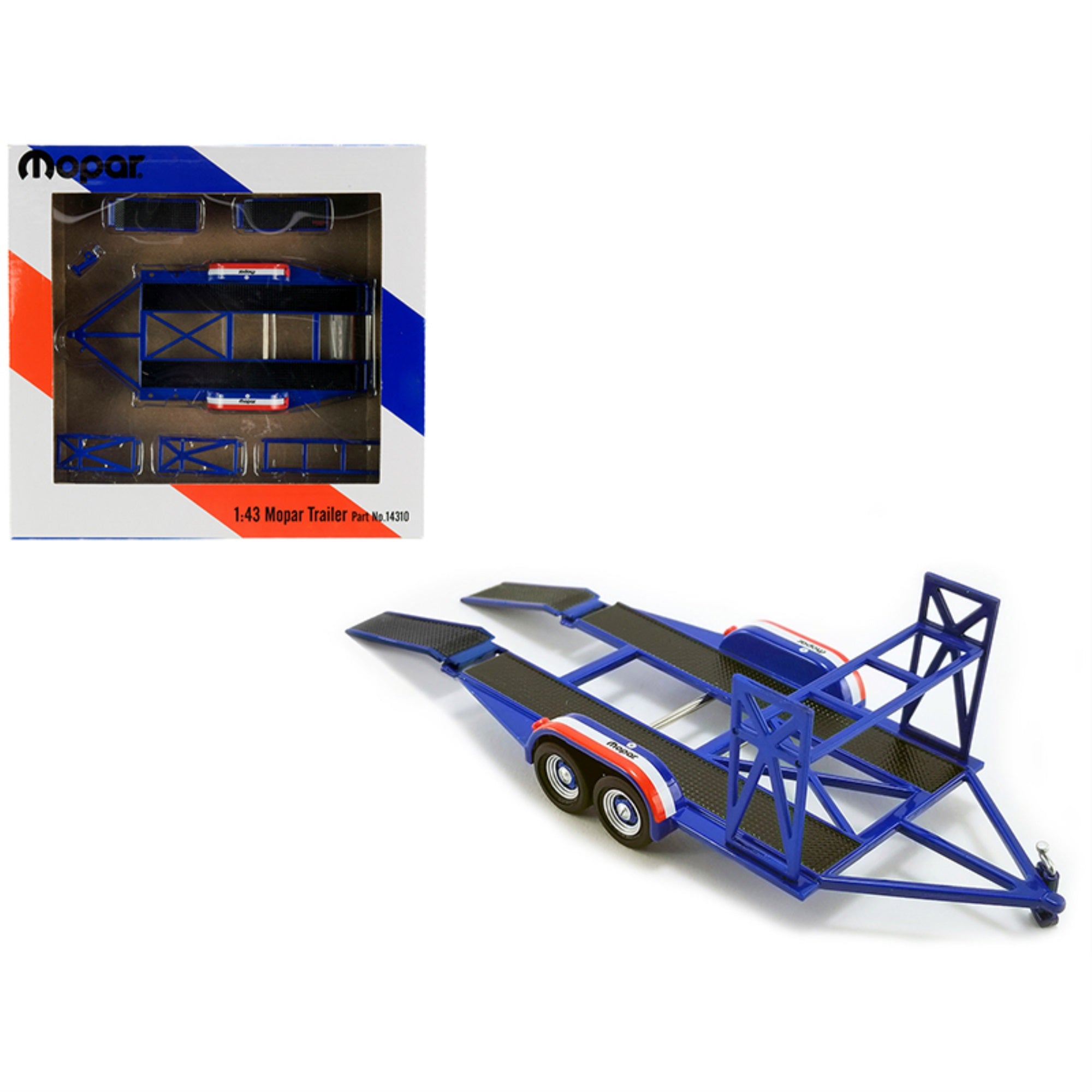 Tandem Car Trailer With Tire Rack Blue 'Mopar' For 1/43 Scale Model Cars By Gmp