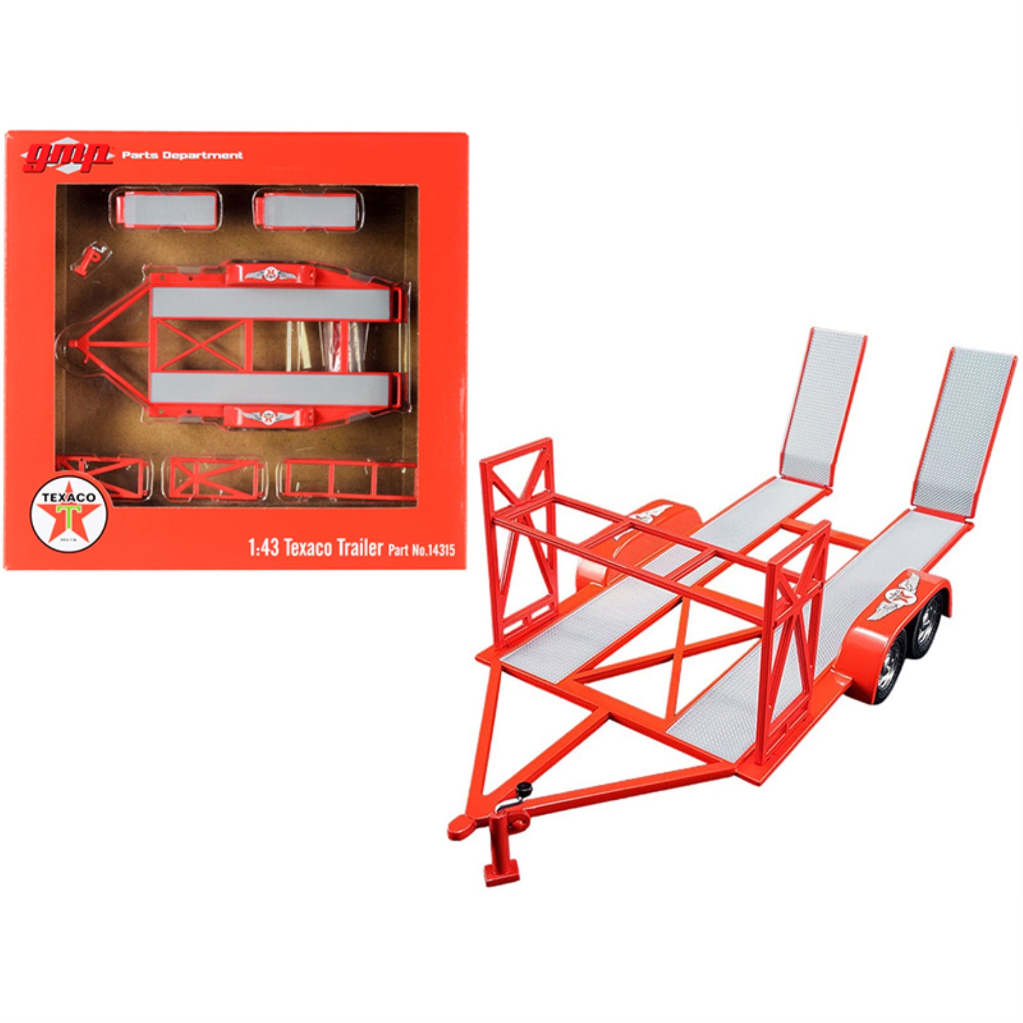 Tandem Car Trailer With Tire Rack Orange 'Texaco' For 1/43 Scale Model Cars By Gmp