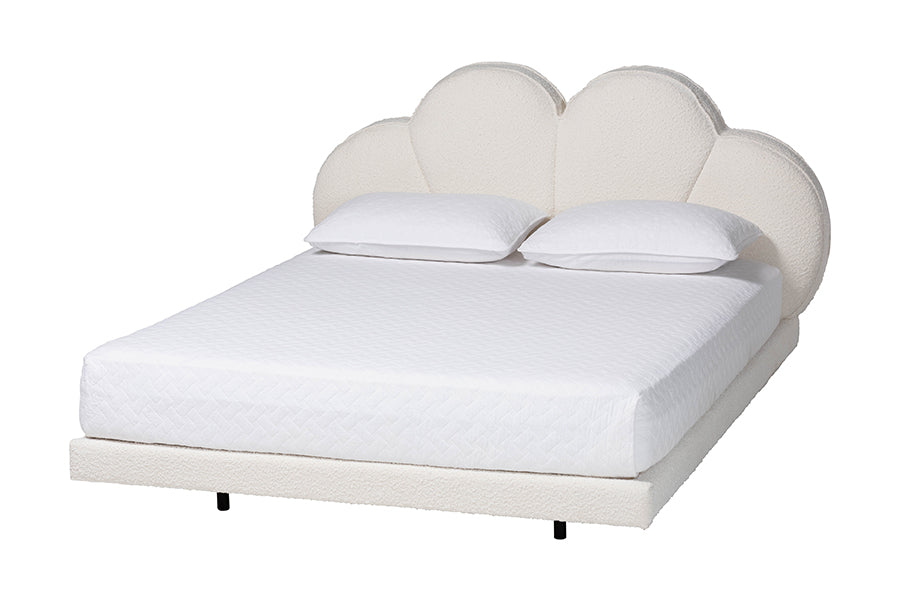 Baxton Studio Barrera Floating Platform Bed with Scalloped Headboard - Low Profile Minimalist Boucle Upholstered Bed Frame, Cream, Queen