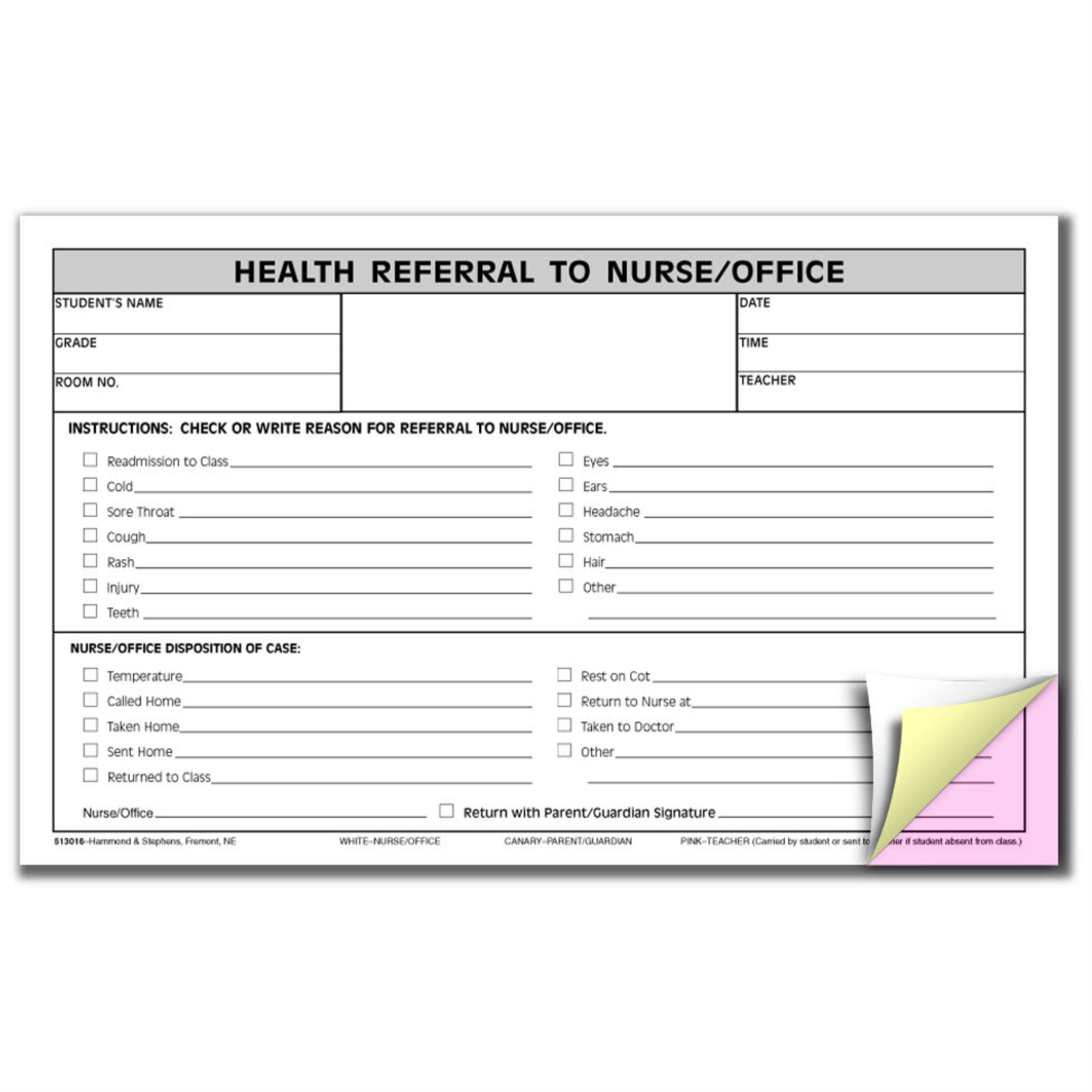 Hammond &Amp; Stephens 3 Parts Carbonless Nurse/Office Referral Form, 5 X 8 Inches, Pink, Canary, White, Pack Of 100