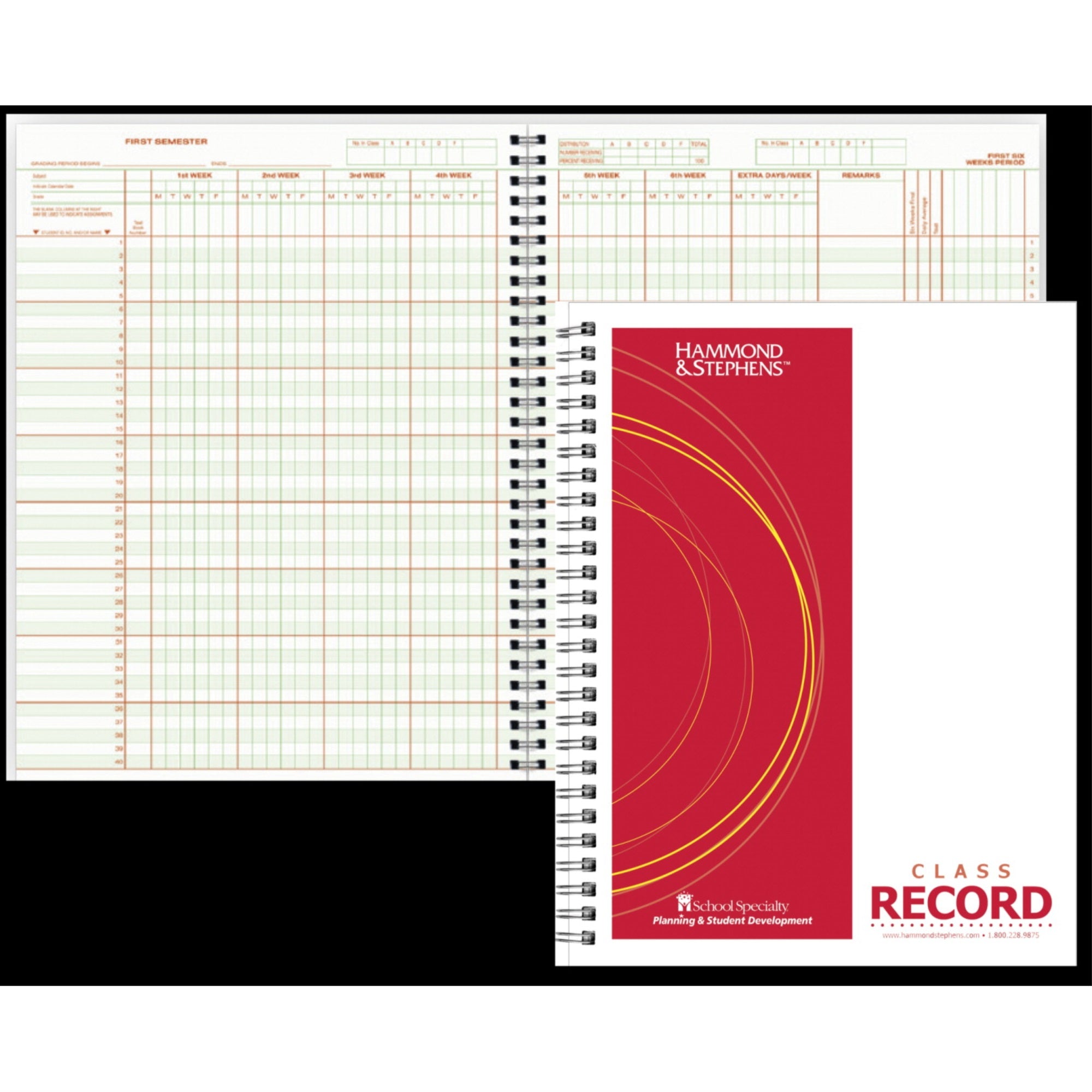 Hammond &Amp; Stephens 0633 P Wire-O Bound Class Record Book, 8-1/2 X 11 Inches, 40 Students, 8 Subjects, 9/10 Week, Green/Red