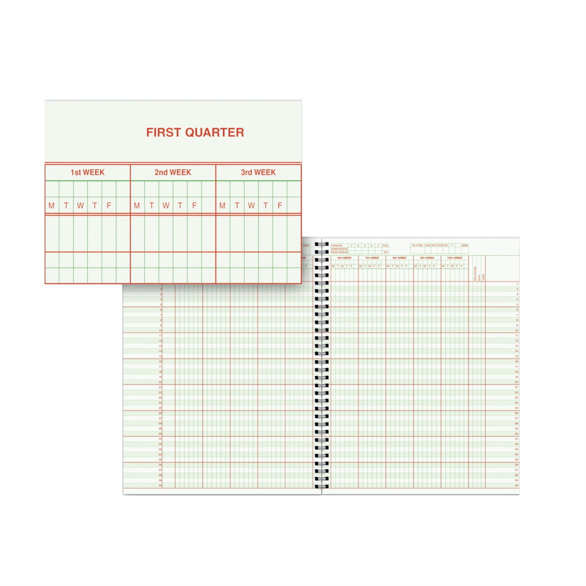 Hammond &Amp; Stephens 0633 H Class Record Book - Hard Red Cover, 8-1/2 X 11 Inches, 40 Students, 8 Subjects, 9/10 Week, Green/Red