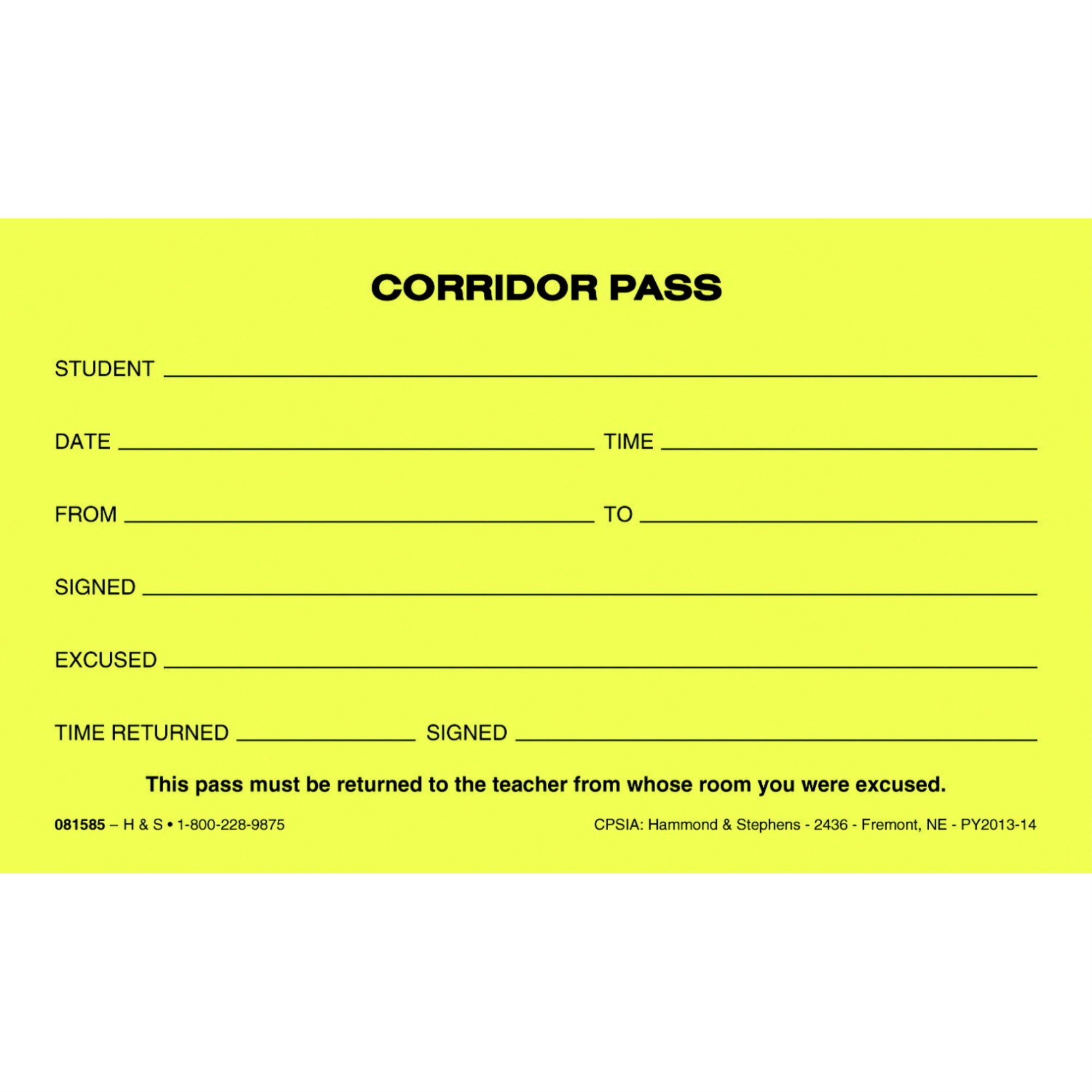 Hammond &Amp; Stephens Corridor Pass, Yellow, Set Of 10 Pads With 100 Sheets Each