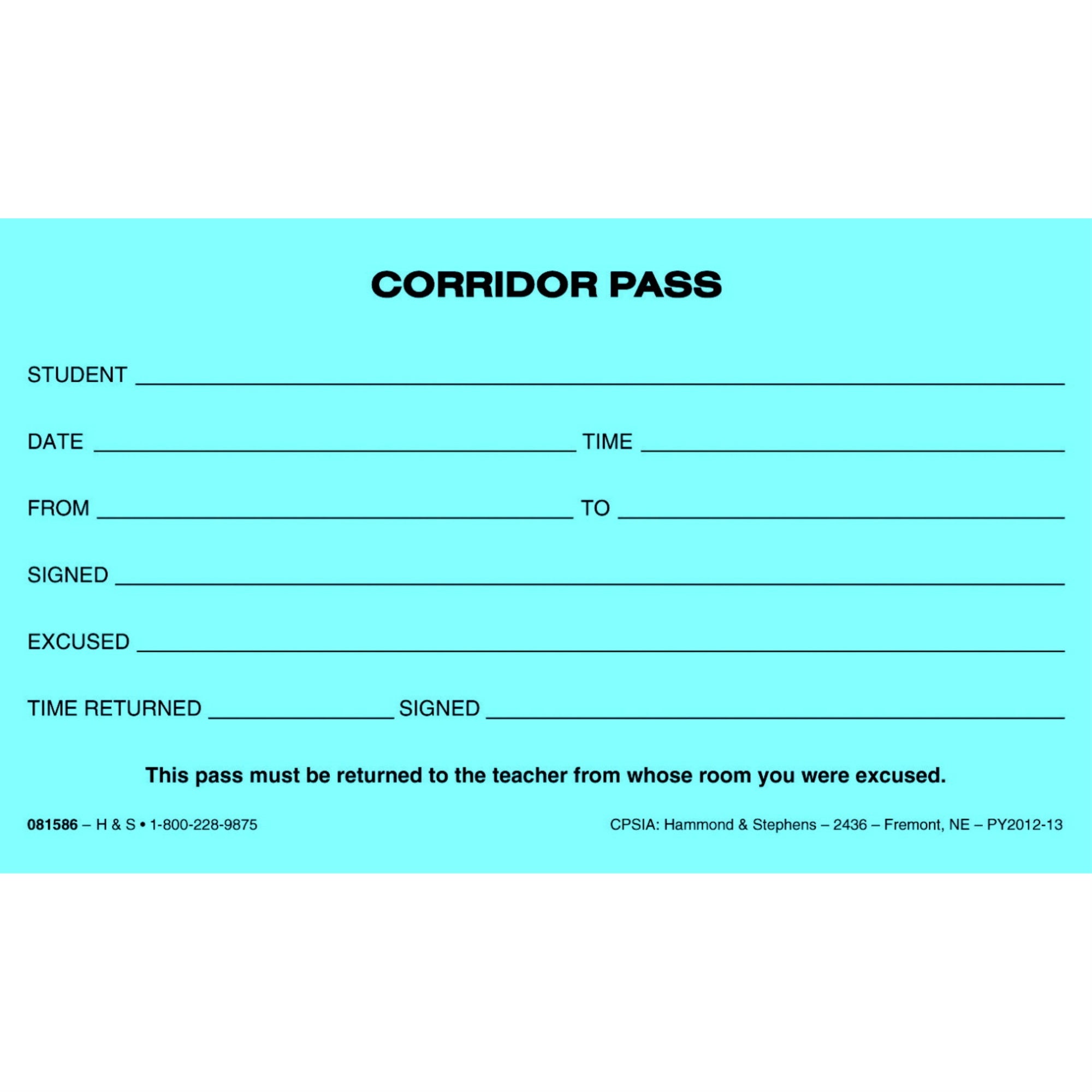 Hammond &Amp; Stephens Corridor Pass, 3 X 5 Inches, Blue, 100 Sheets Per Pad, Pack Of 10 Pads