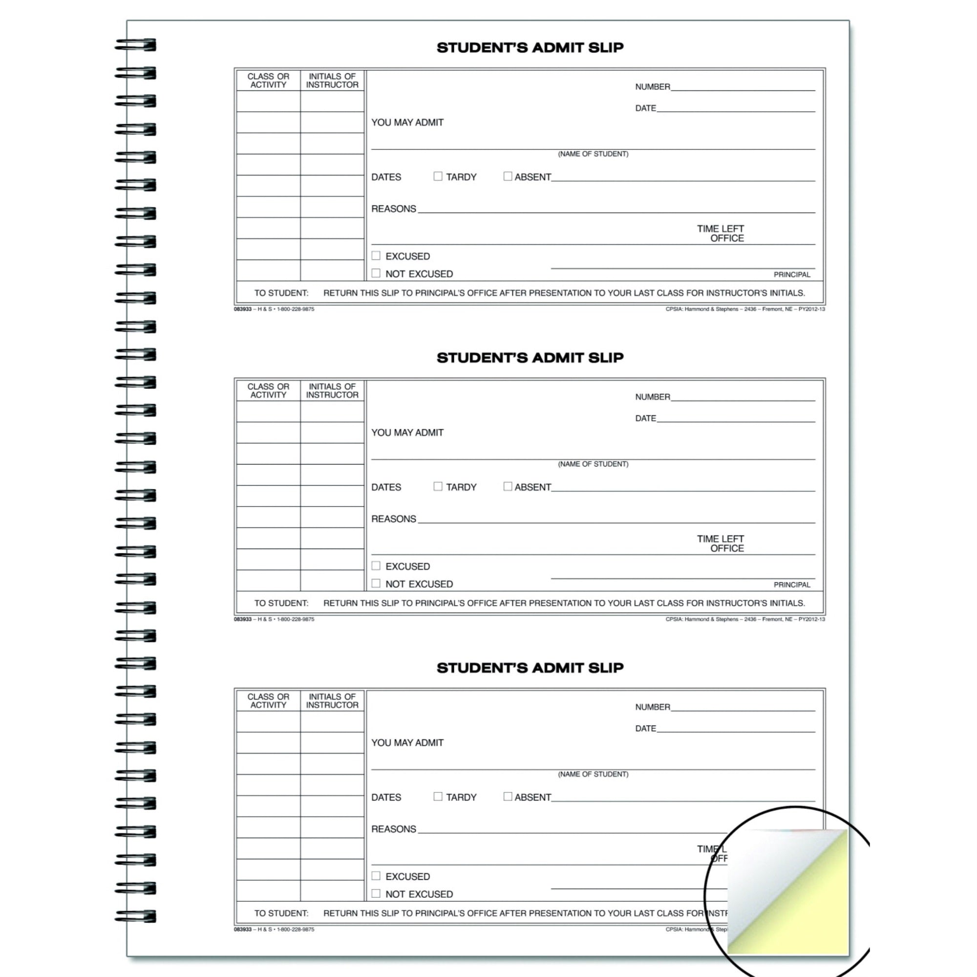 Hammond &Amp; Stephens Student Admit Book, 8-1/2 X 11 Inches, White, Canary