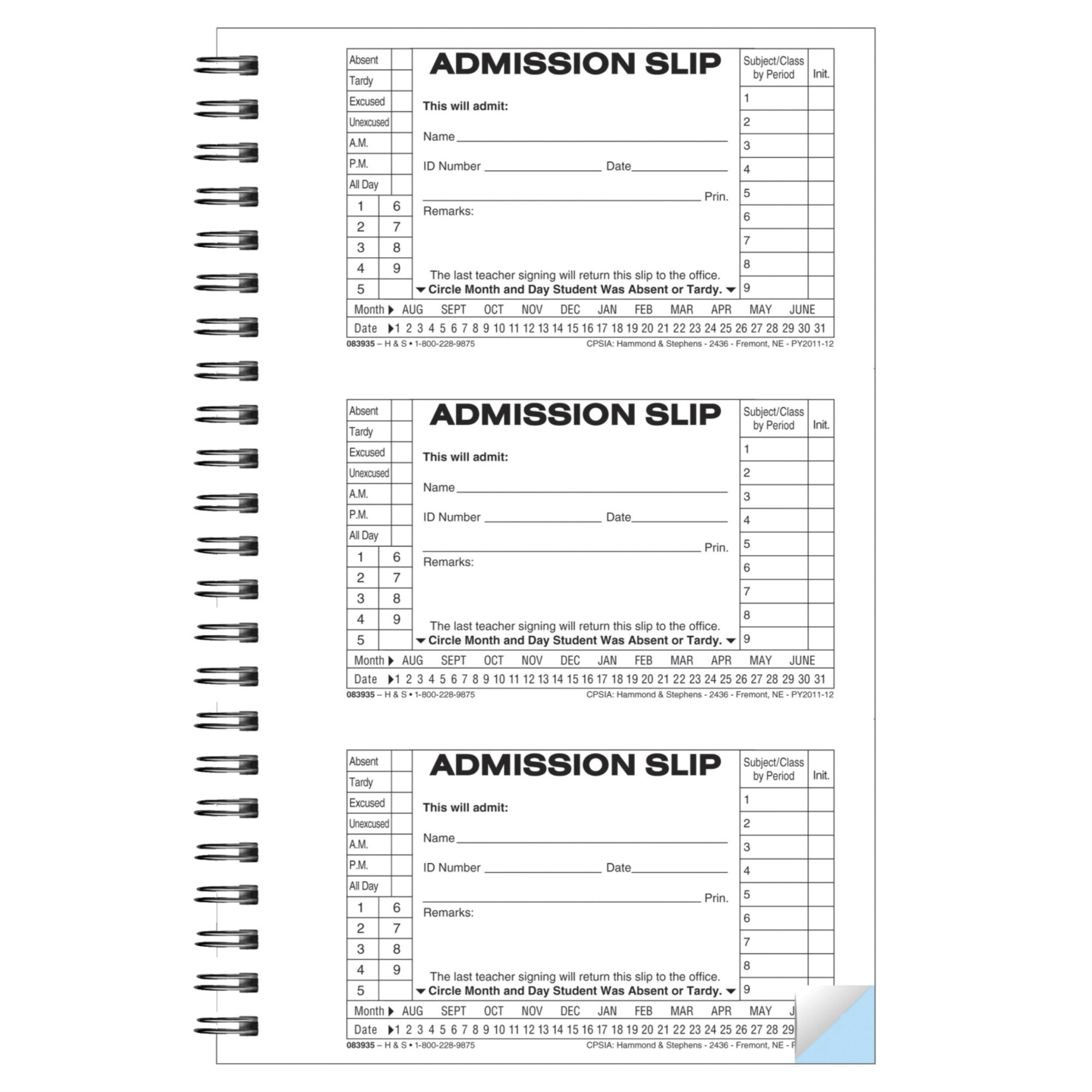 Hammond &Amp; Stephens 2-Part Carbonless Admit Slip Book, 5-1/2 X 8-5/8 Inches, Blue, White, Blue Cover