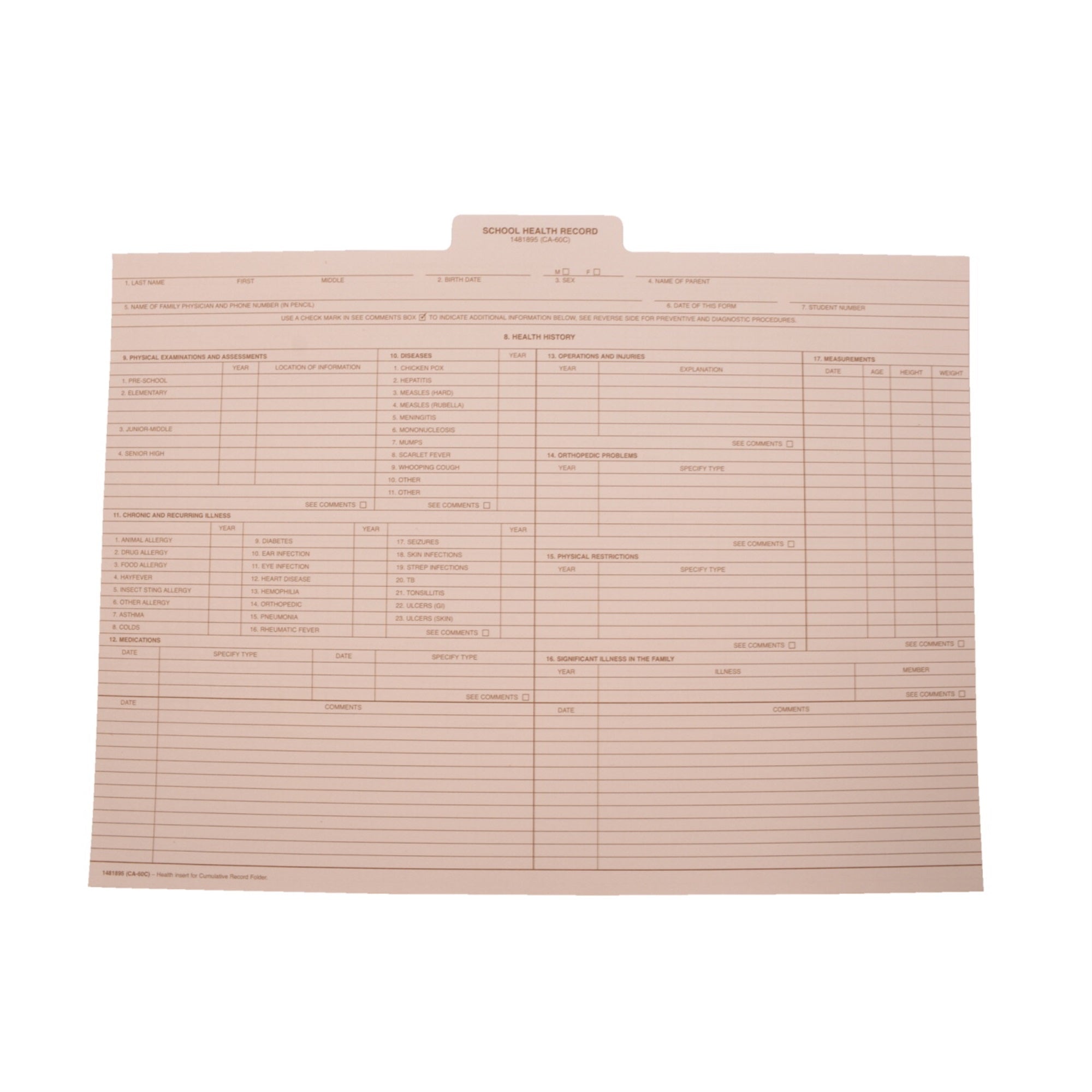 Hammond &Amp; Stephens Health Record Insert For Cumulative Health Insert, 9 X 11-3/4 Inches, White Tab, Pack Of 25