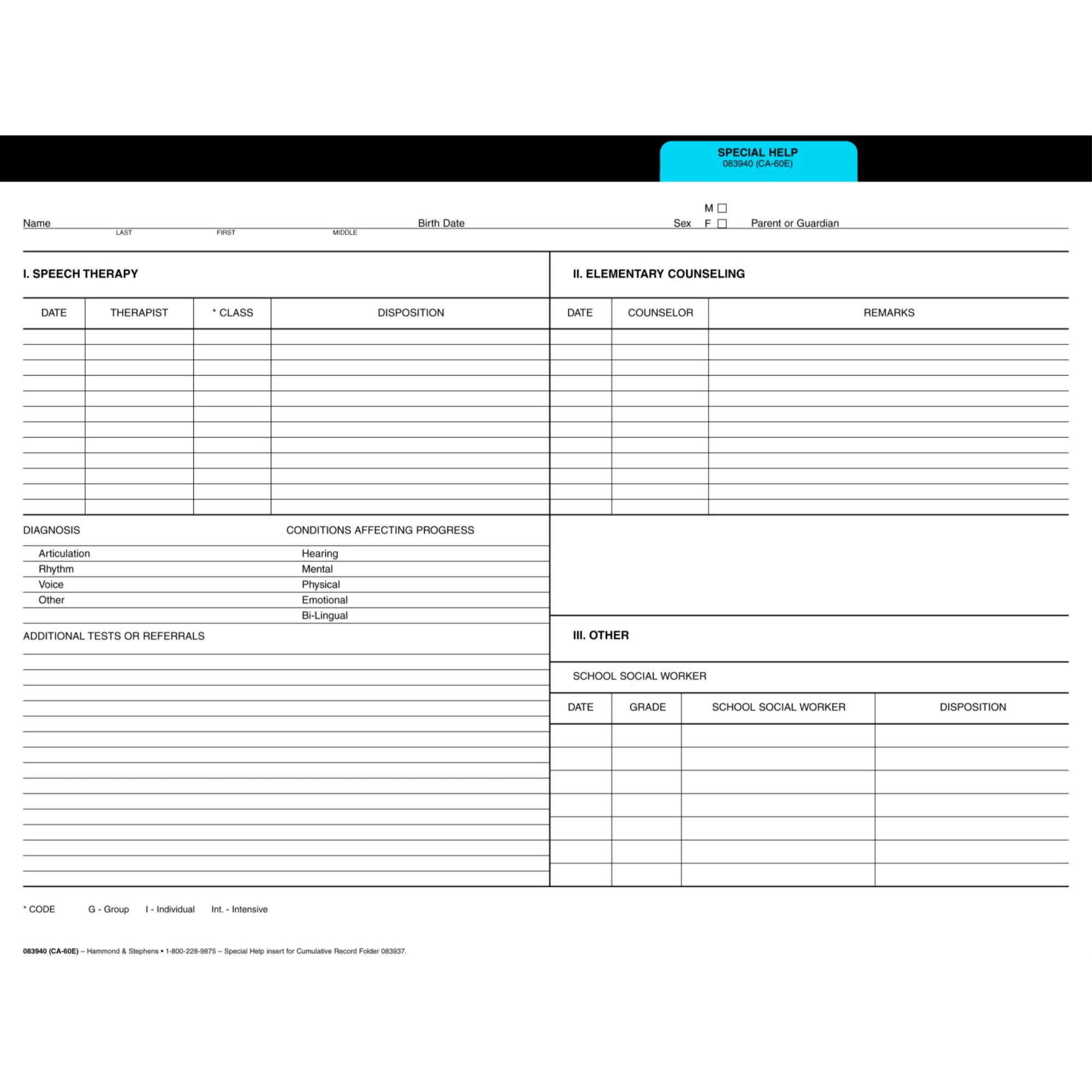 Hammond &Amp; Stephens Cumulative Record Special Help Insert, Blue, Pack Of 25