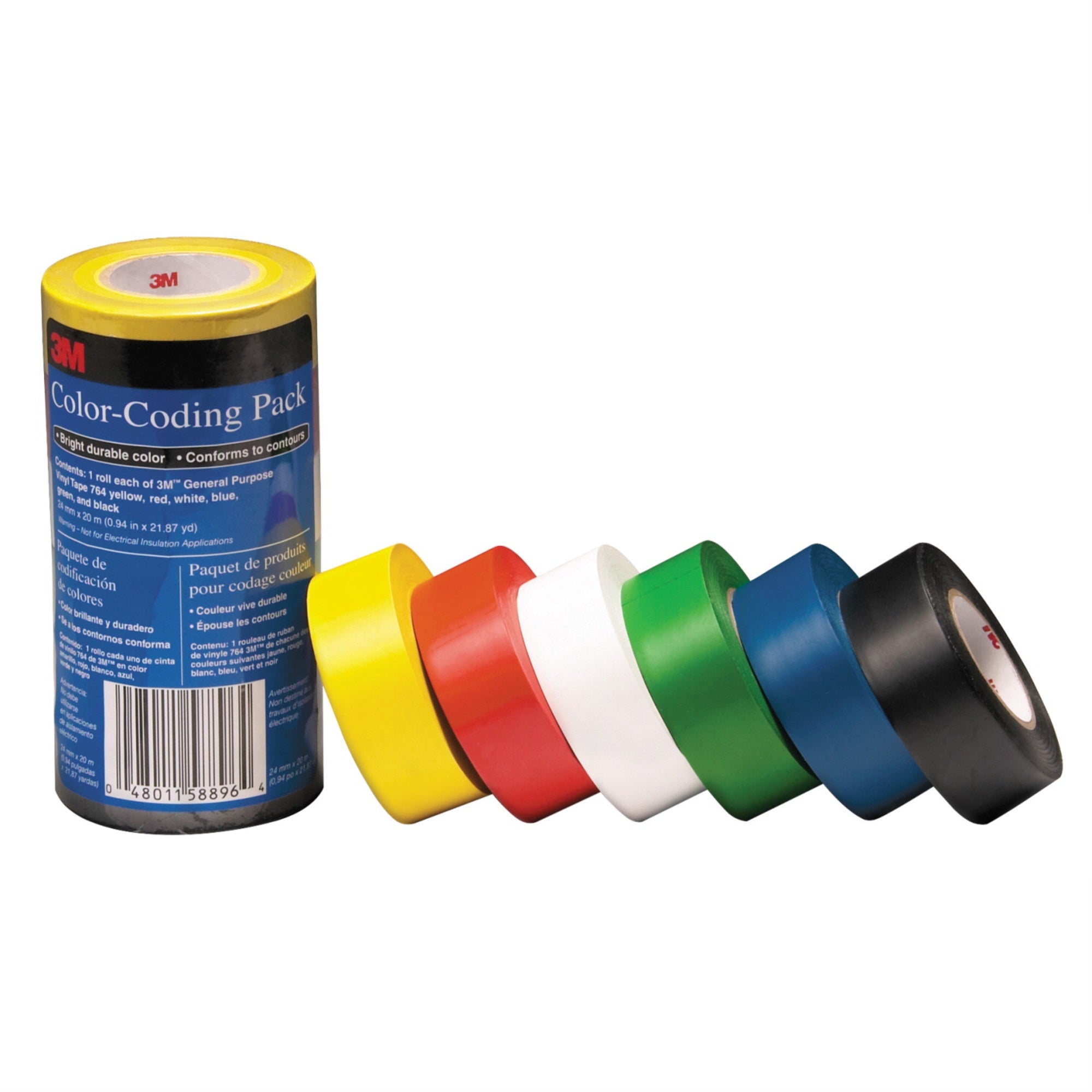 3M Color Coding Tape Rolls, 1 Inch X 22 Yards,  Assorted Colors, Pack Of 6