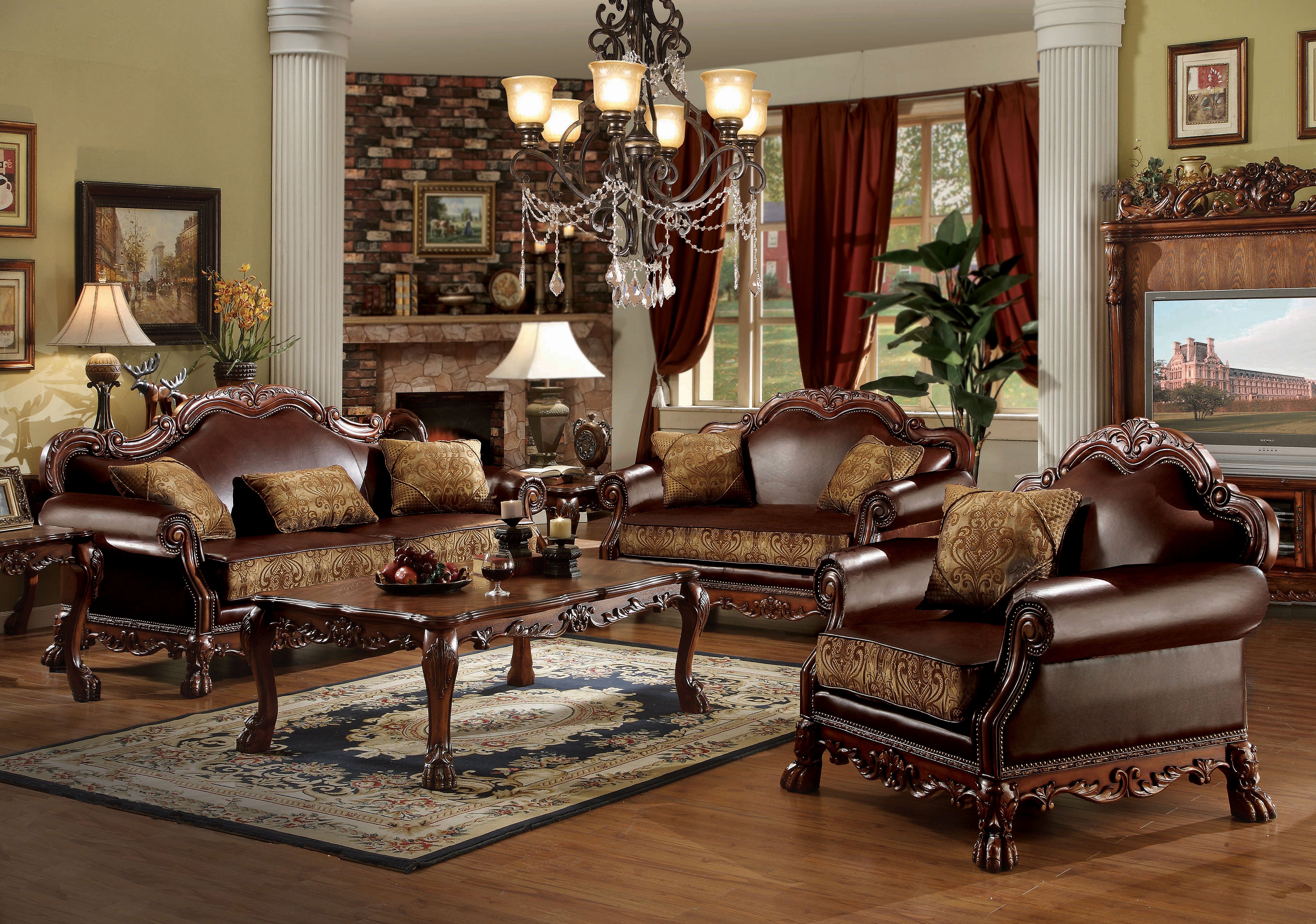 Dresden - Sofa w/3 Pillows Brown PU & Chenille, Cherry Oak