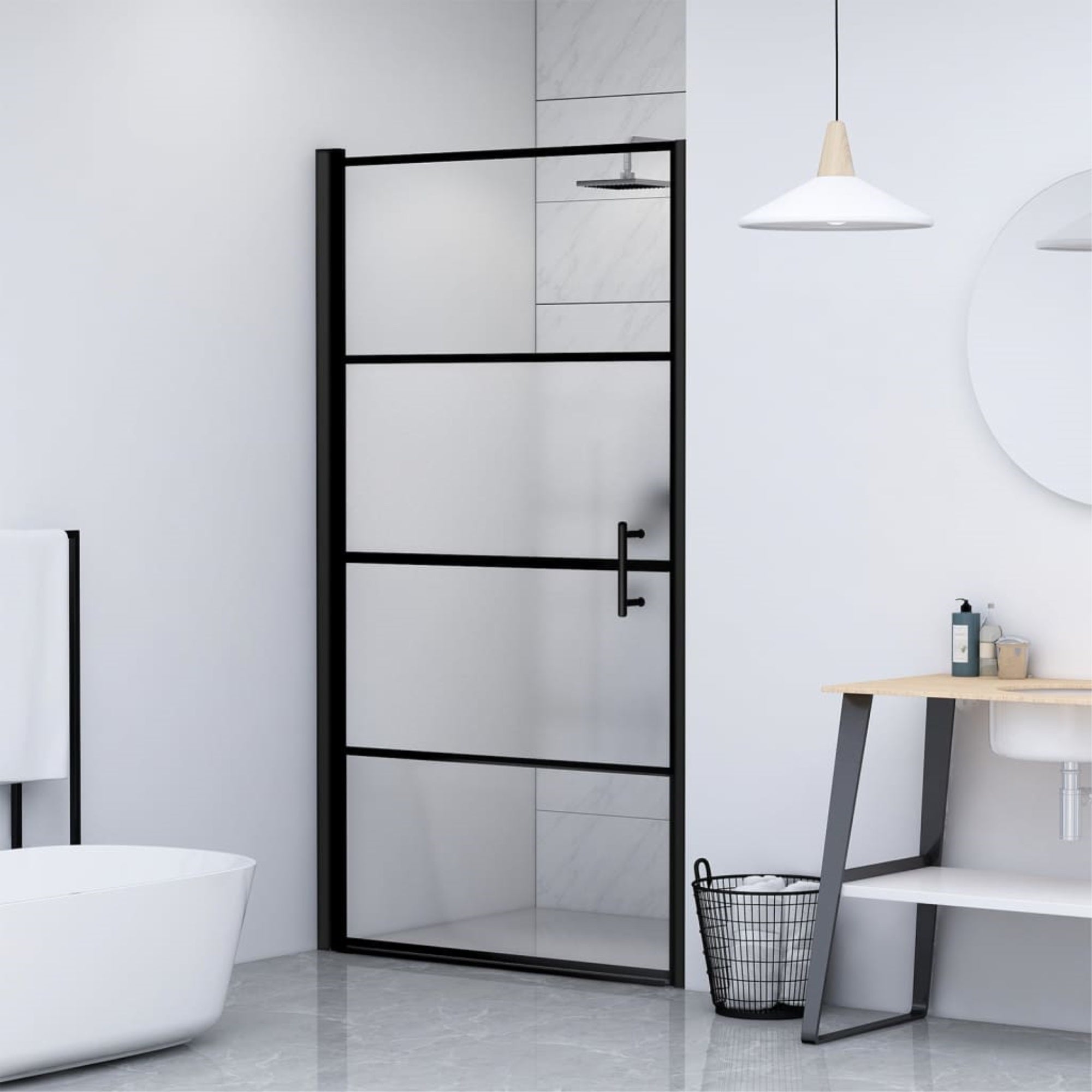 Vidaxl Shower Door 35.8'X76.8' Half Frosted Tempered Glass Black
