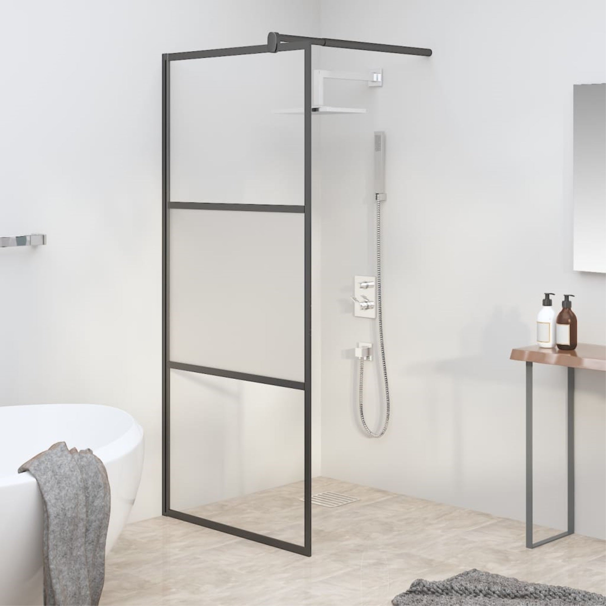 Vidaxl Walk-In Shower Wall 35.4'X76.8' Half Frosted Esg Glass Black