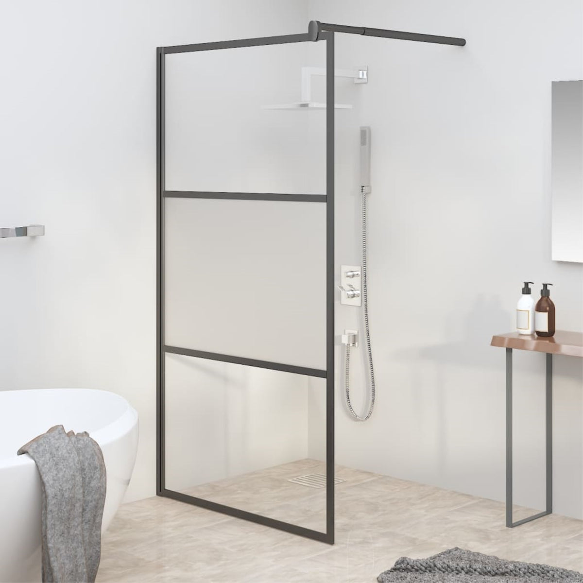 Vidaxl Walk-In Shower Wall 39.4'X76.8' Half Frosted Esg Glass Black
