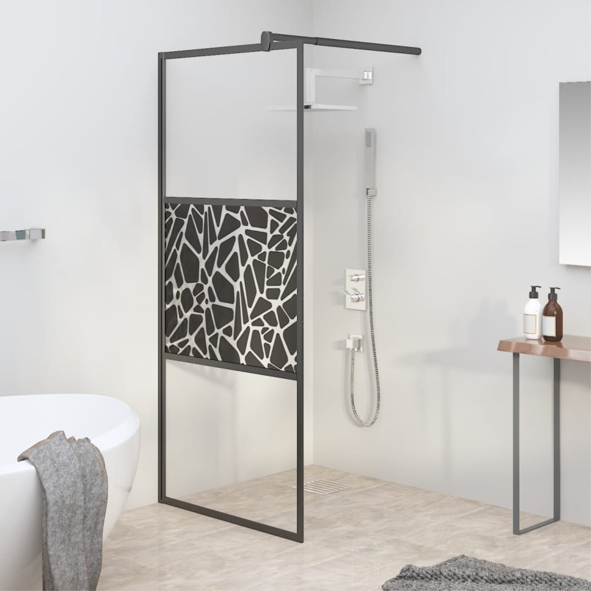 Vidaxl Walk-In Shower Wall 31.5'X76.8' Esg Glass With Stone Design Black