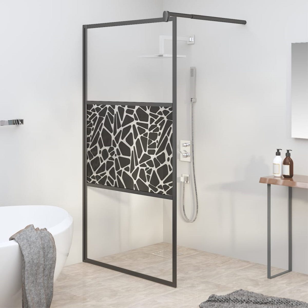 Vidaxl Walk-In Shower Wall 39.4'X76.8' Esg Glass With Stone Design Black