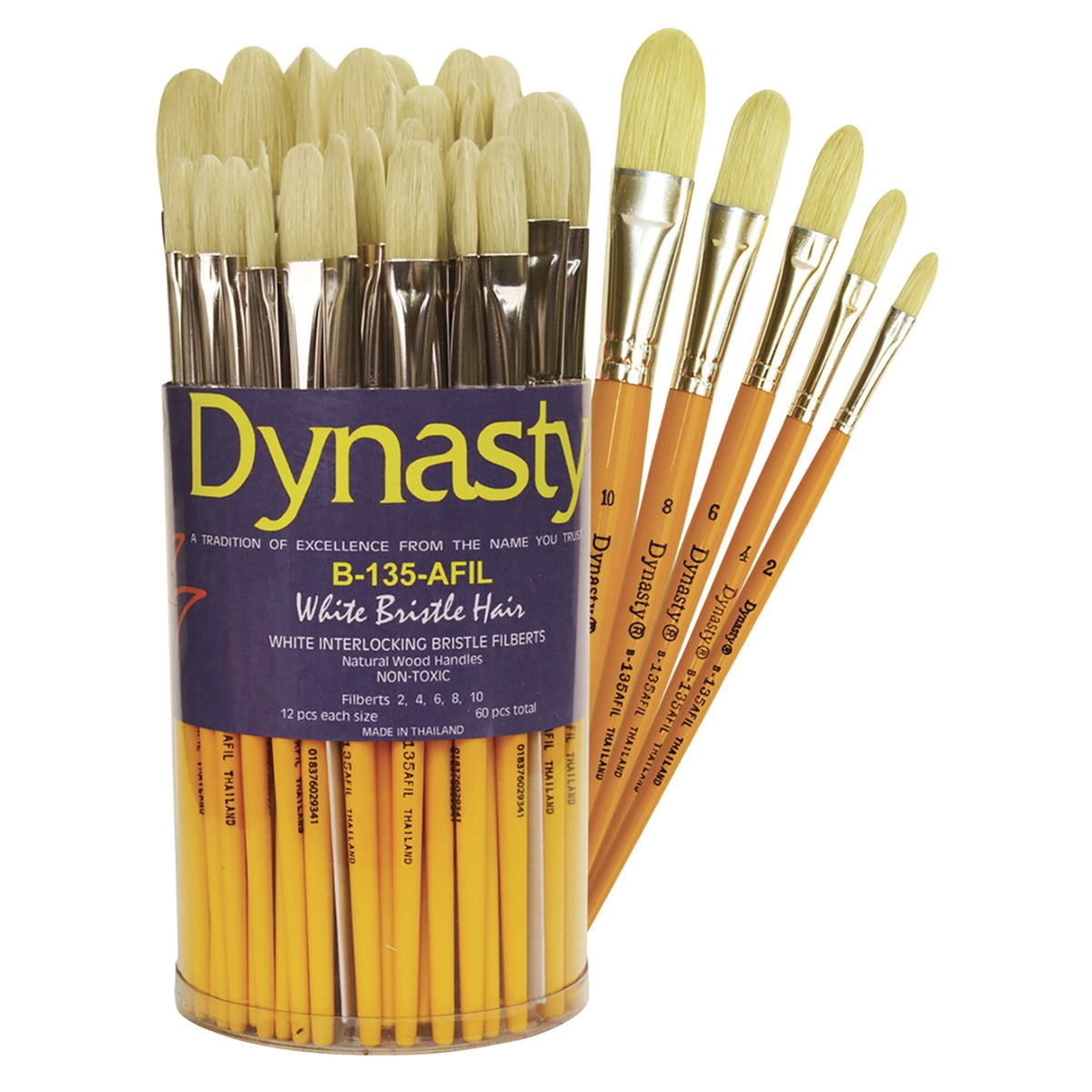 Dynasty Canister B-135-Afil White Bristle Hair Canister, Assorted Sizes, Filberts, Set Of 60