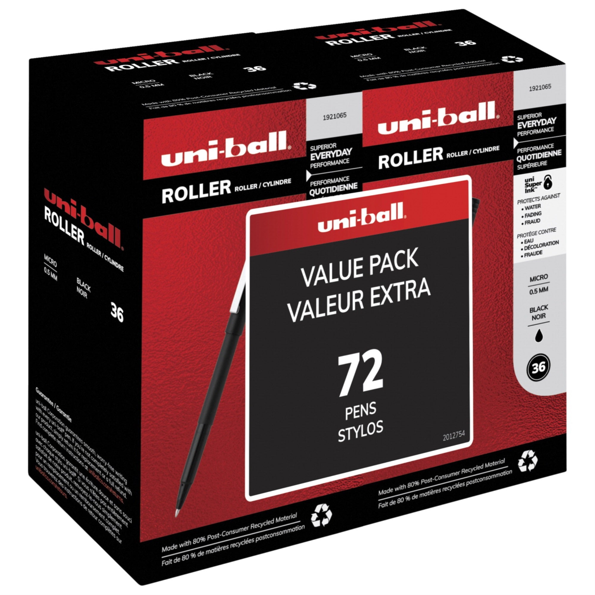 Uni-Ball Roller Ball Stick Pens, 0.5 Mm Micro Tip, Black, Pack Of 72