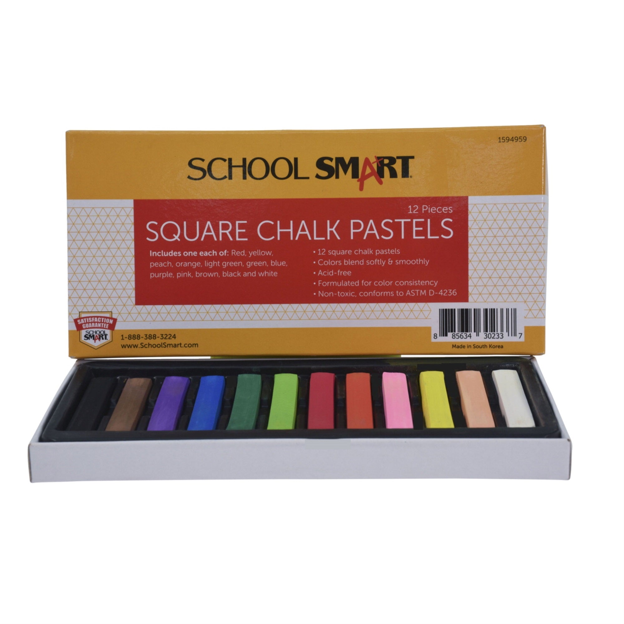School Smart Square Chalk Pastels, Assorted Colors, Set Of 12