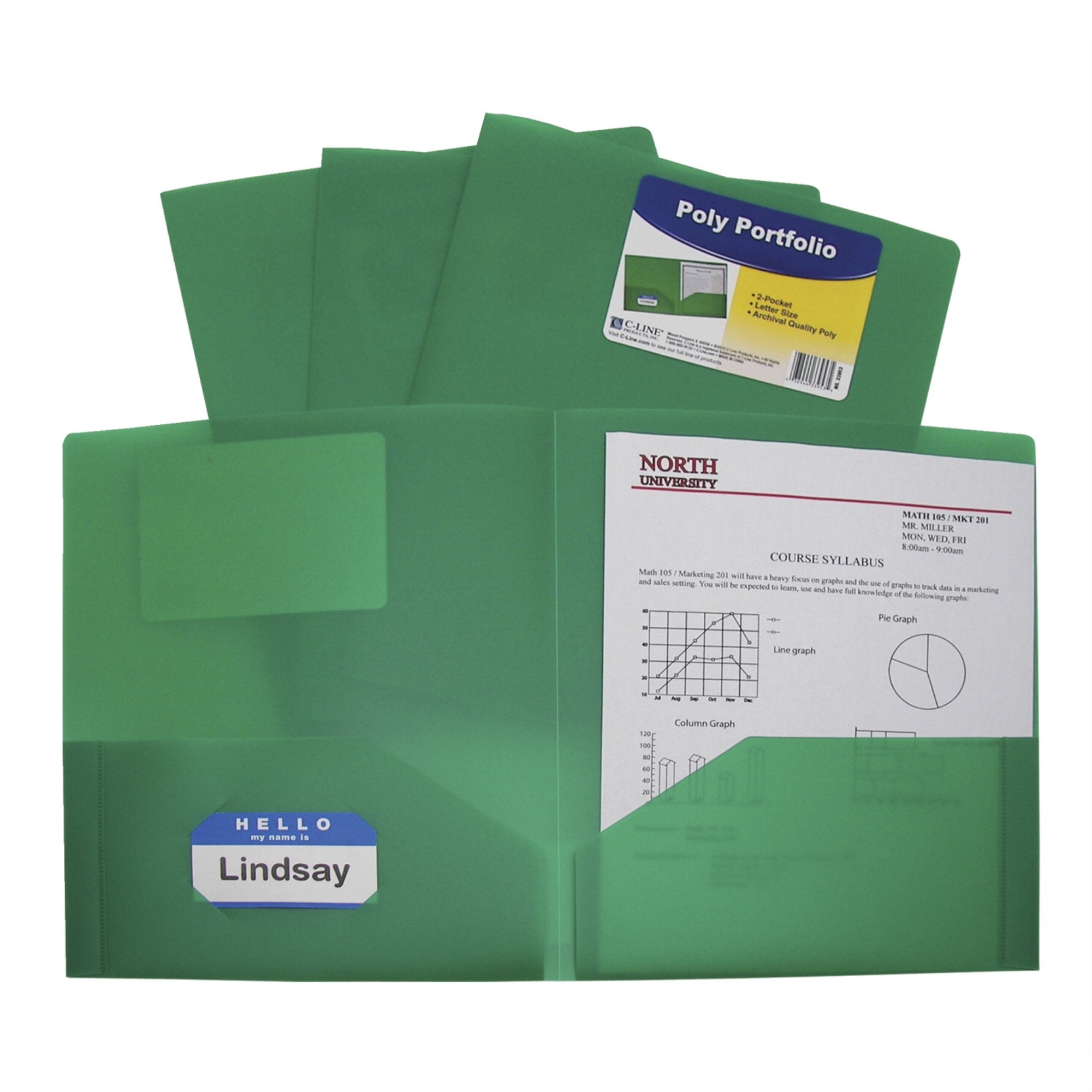 C-Line Poly Portfolio Folder, Letter, 2-Pocket, Green, Pack Of 25