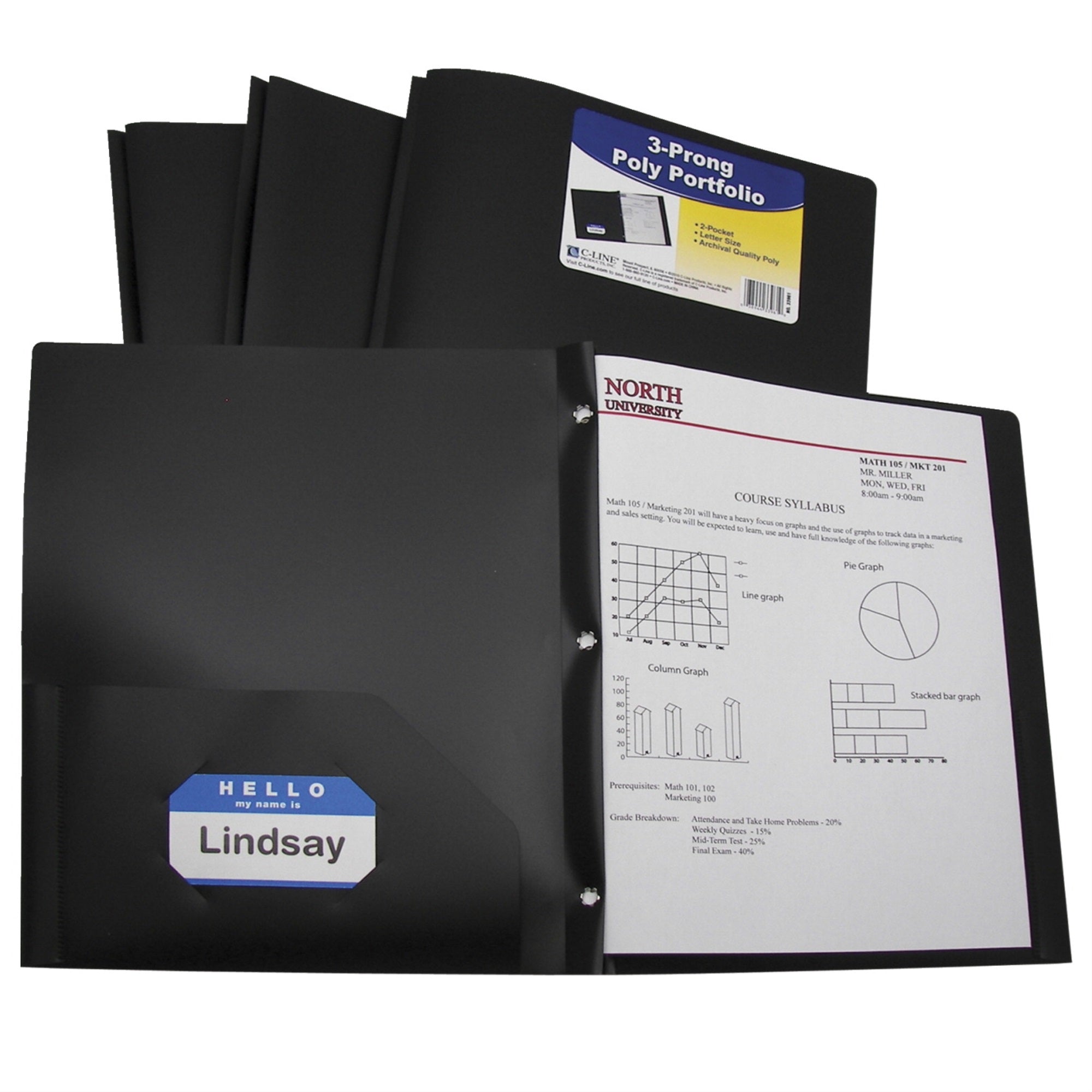 C-Line Poly Portfolio Folder With Prongs, 2-Pocket With, Black, Pack Of 25