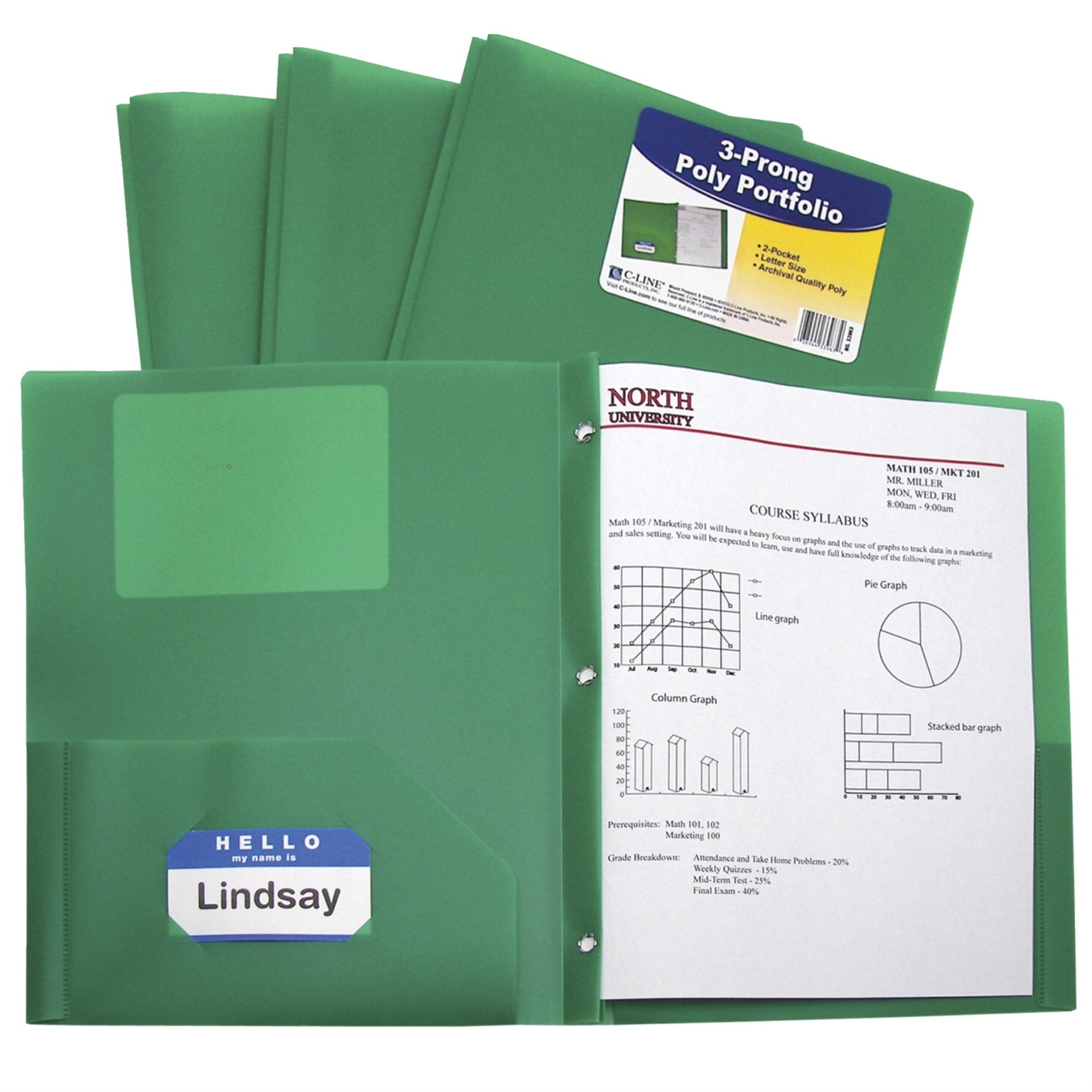 C-Line Poly Portfolio Folder With Prongs, 2-Pocket, Green, Pack Of 25