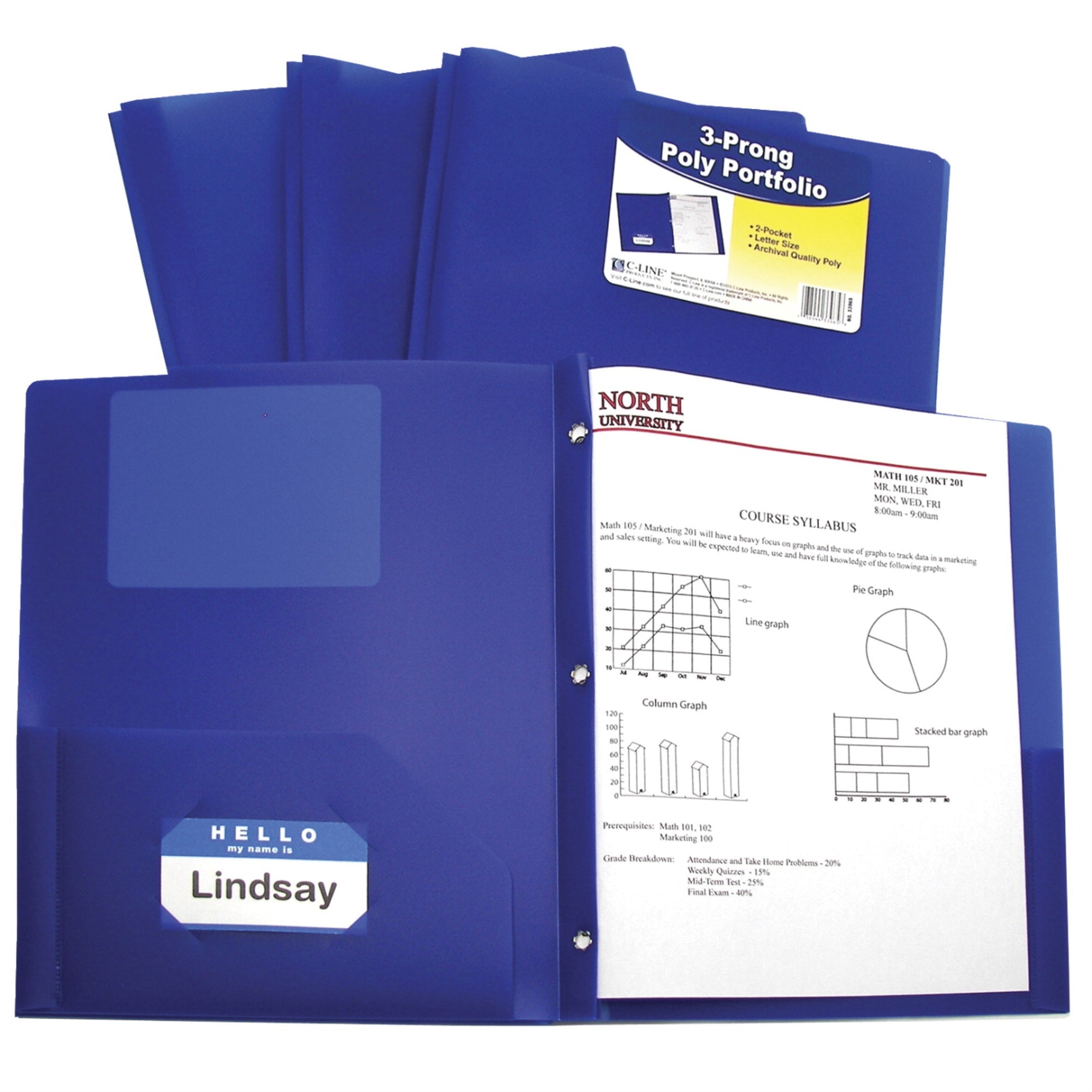 C-Line Poly Portfolio Folder With Prongs, 2-Pocket, Blue, Pack Of 25